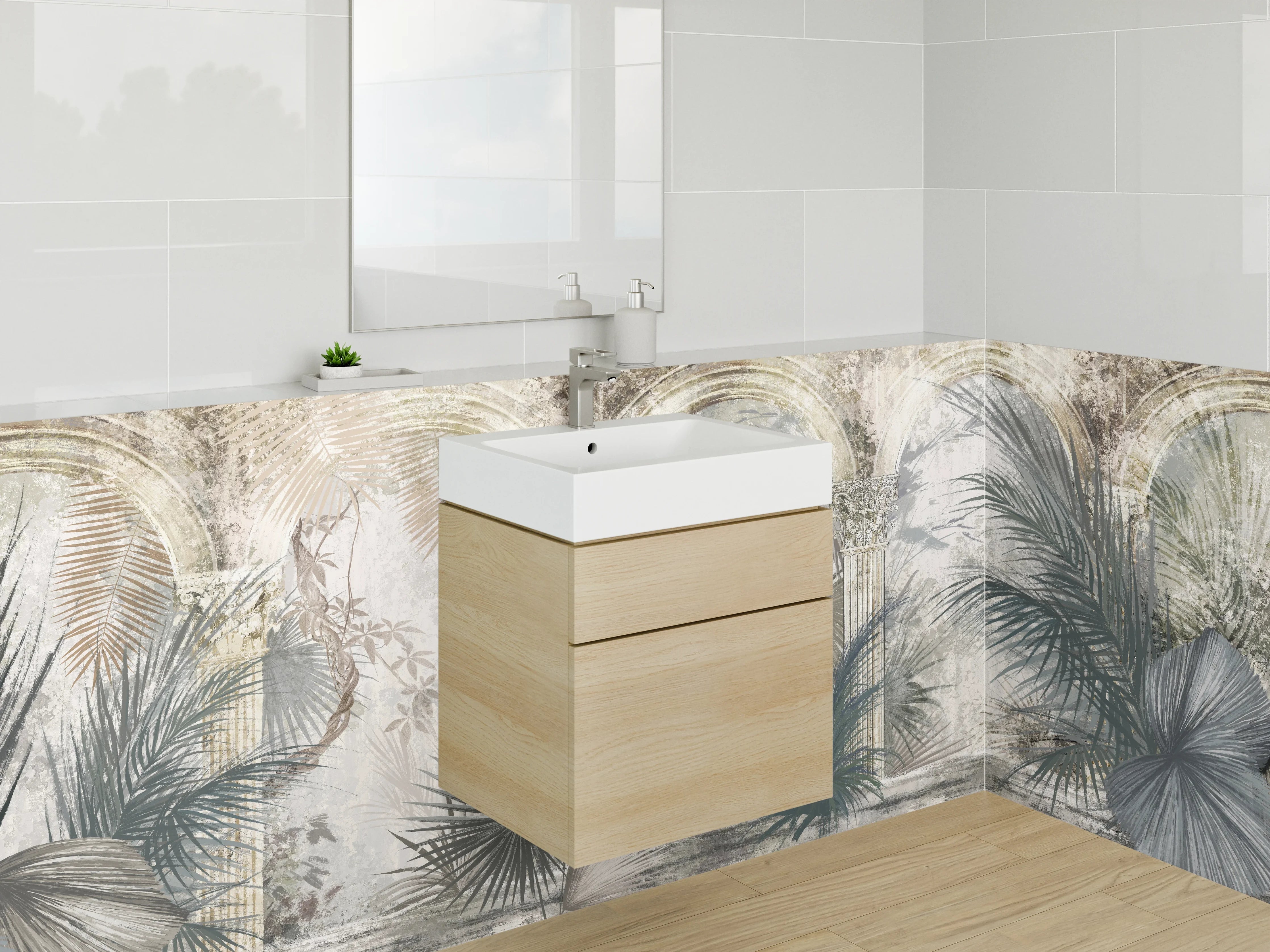 Waschbecken-Rückwand - Botanische Antike Illustration Grau-Beige