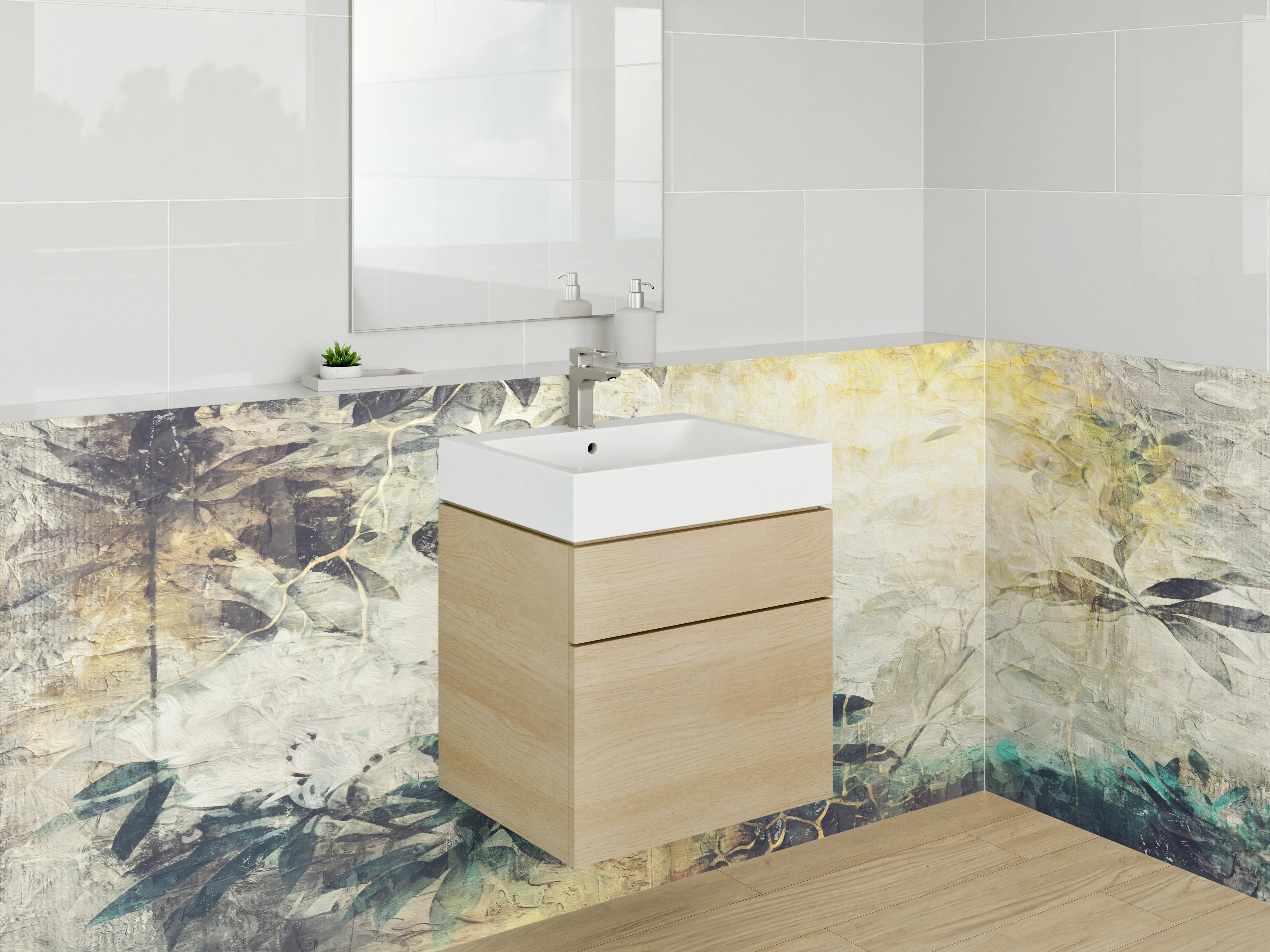 Waschbecken-Rückwand - Botanische Aquarell-Atmosphäre Pflanze Weißgrau