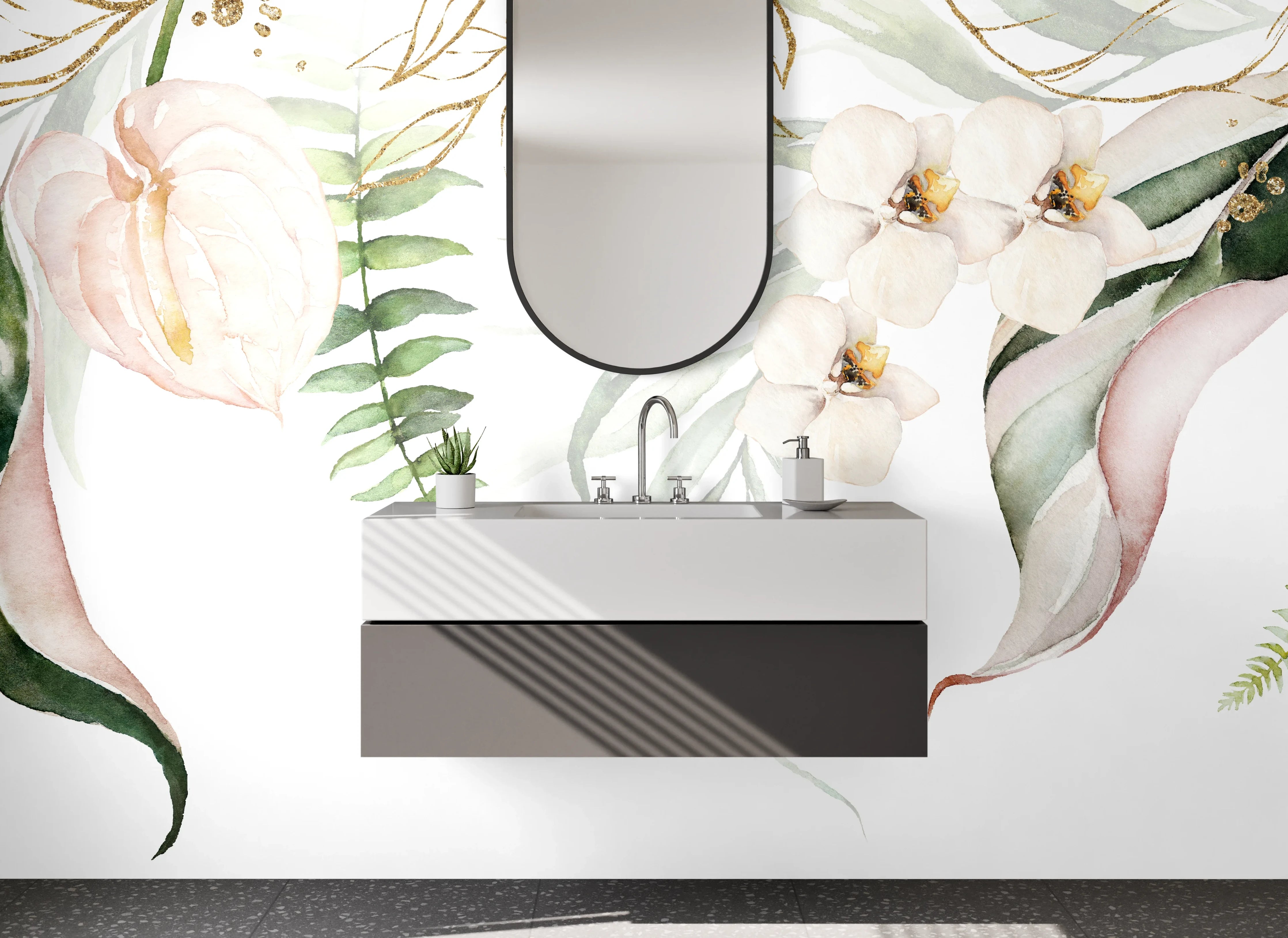 Waschbecken-Rückwand - Botanische Aquarell-Floristik in Beige Weiß
