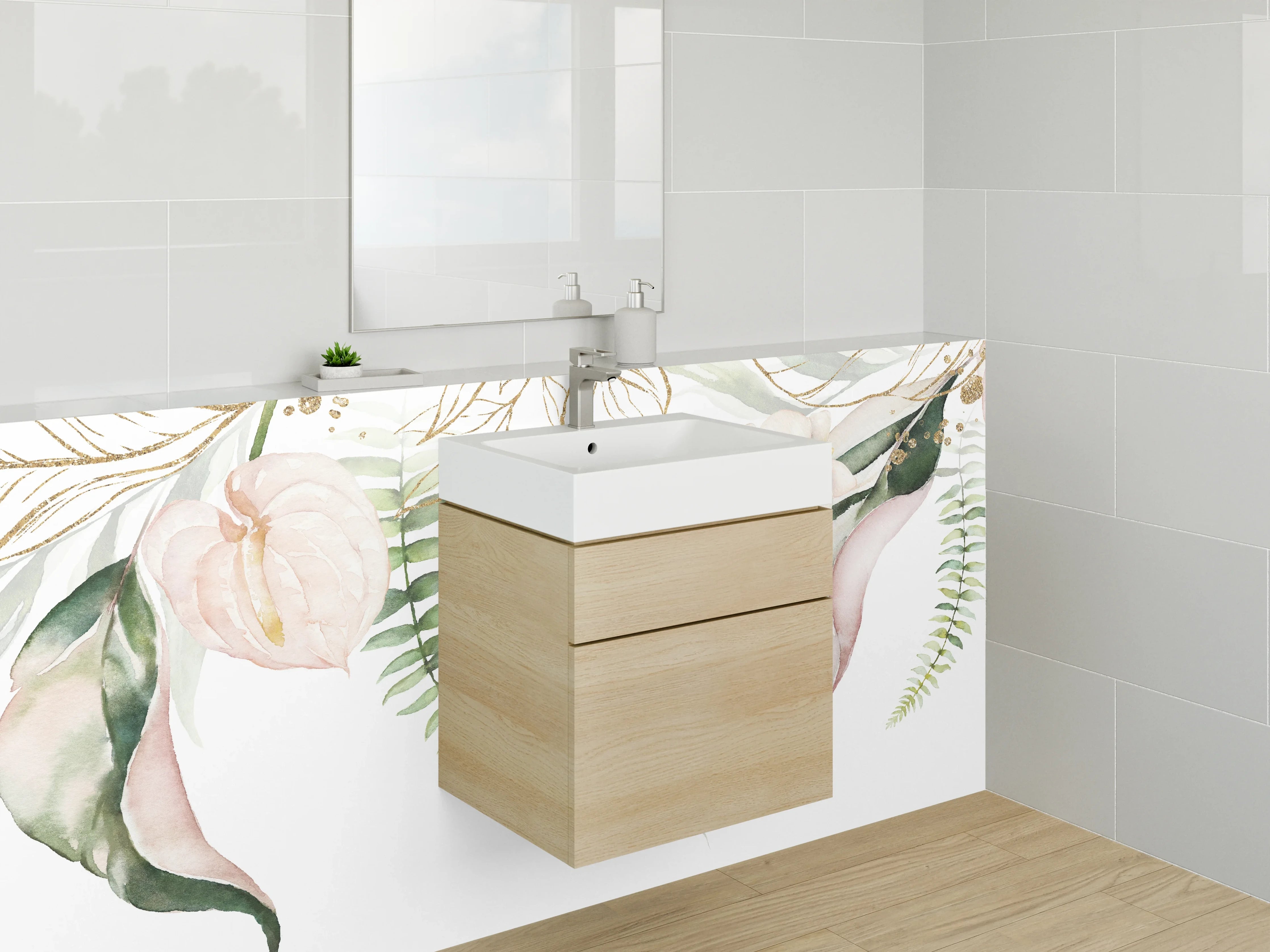 Waschbecken-Rückwand - Botanische Aquarell-Floristik in Beige Weiß