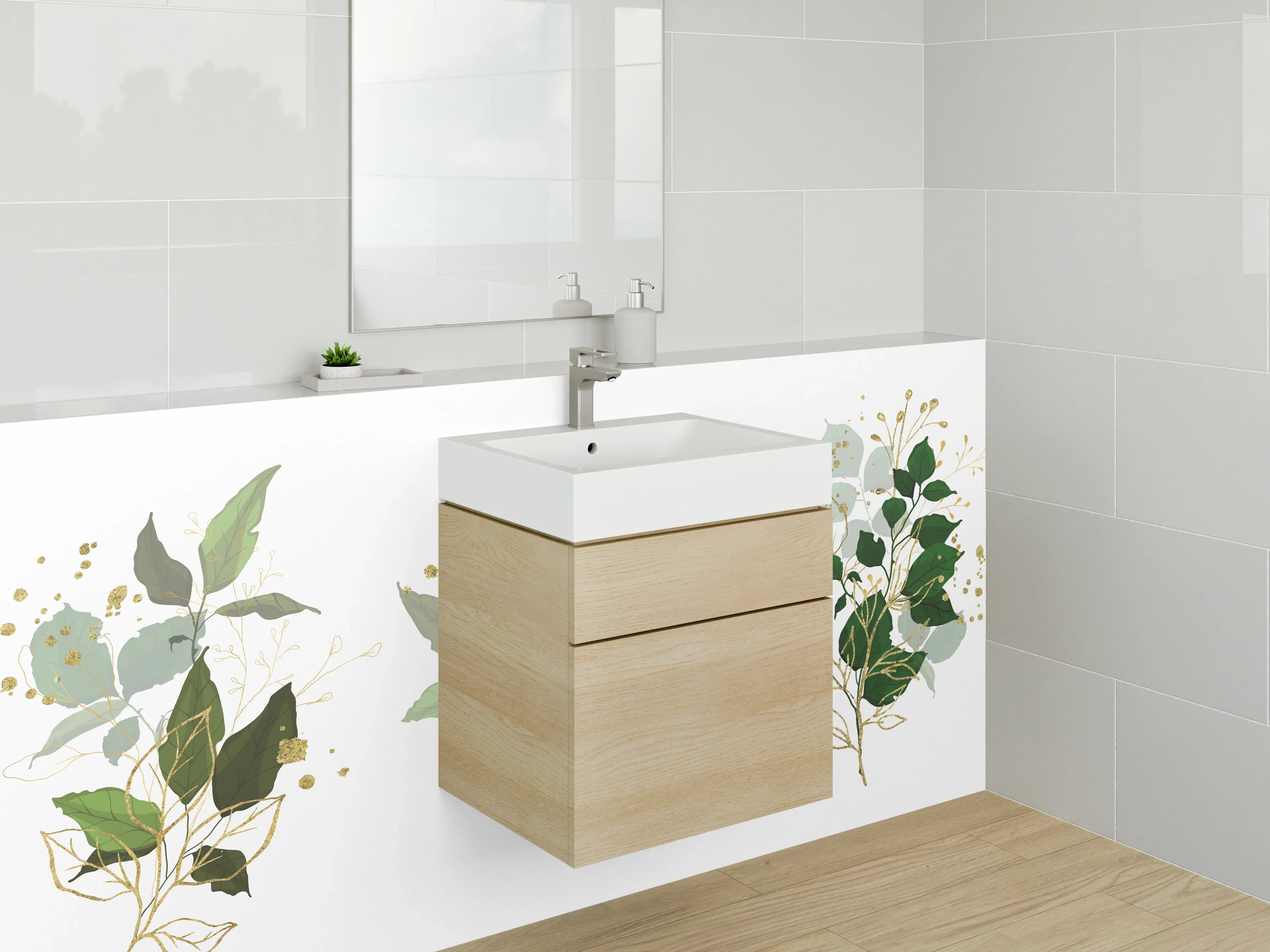 Waschbecken-Rückwand - Botanische Aquarellblätter Gold Akzent