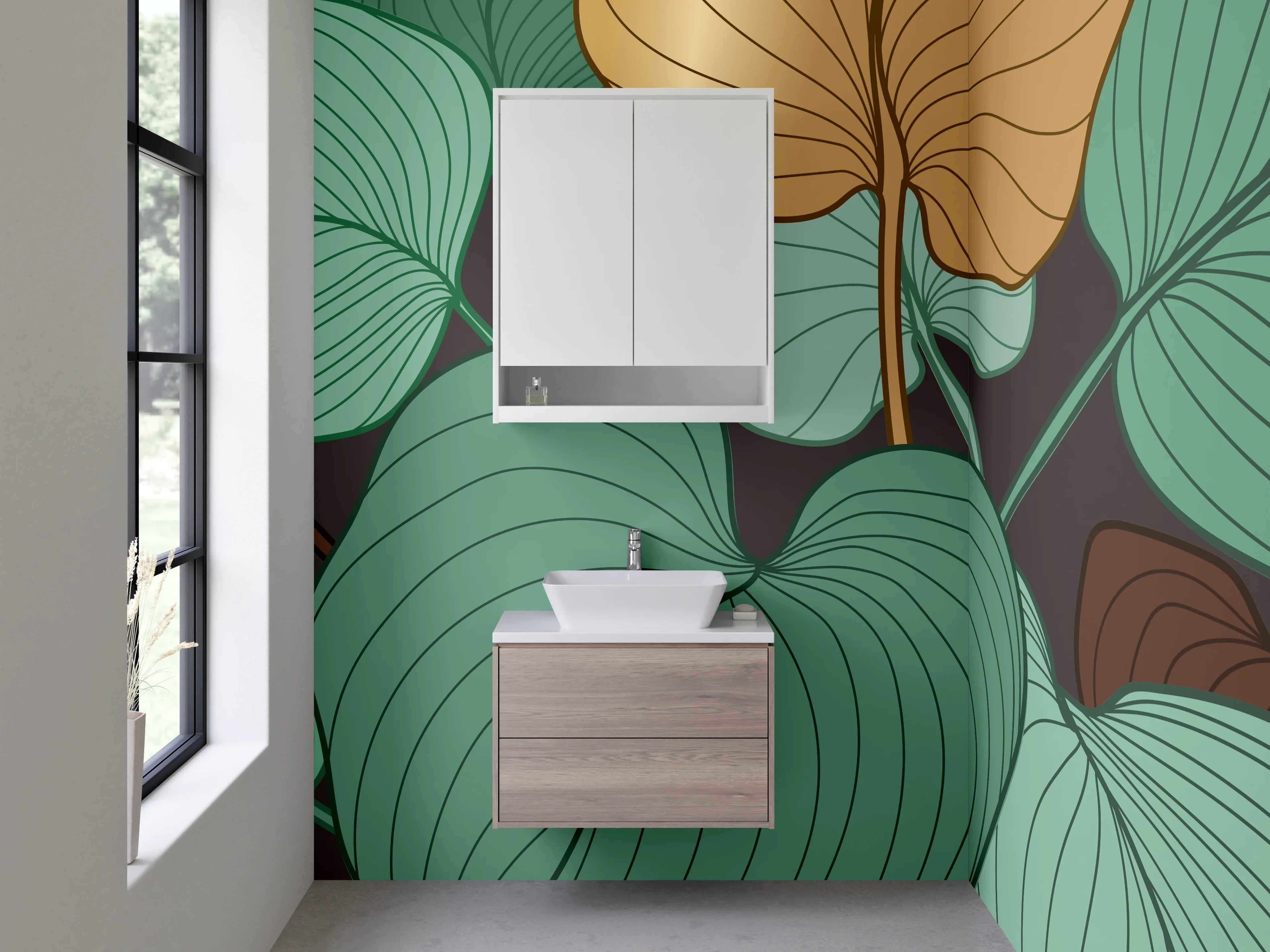 Waschbecken-Rückwand - Botanische Blätter Illustration grün gold