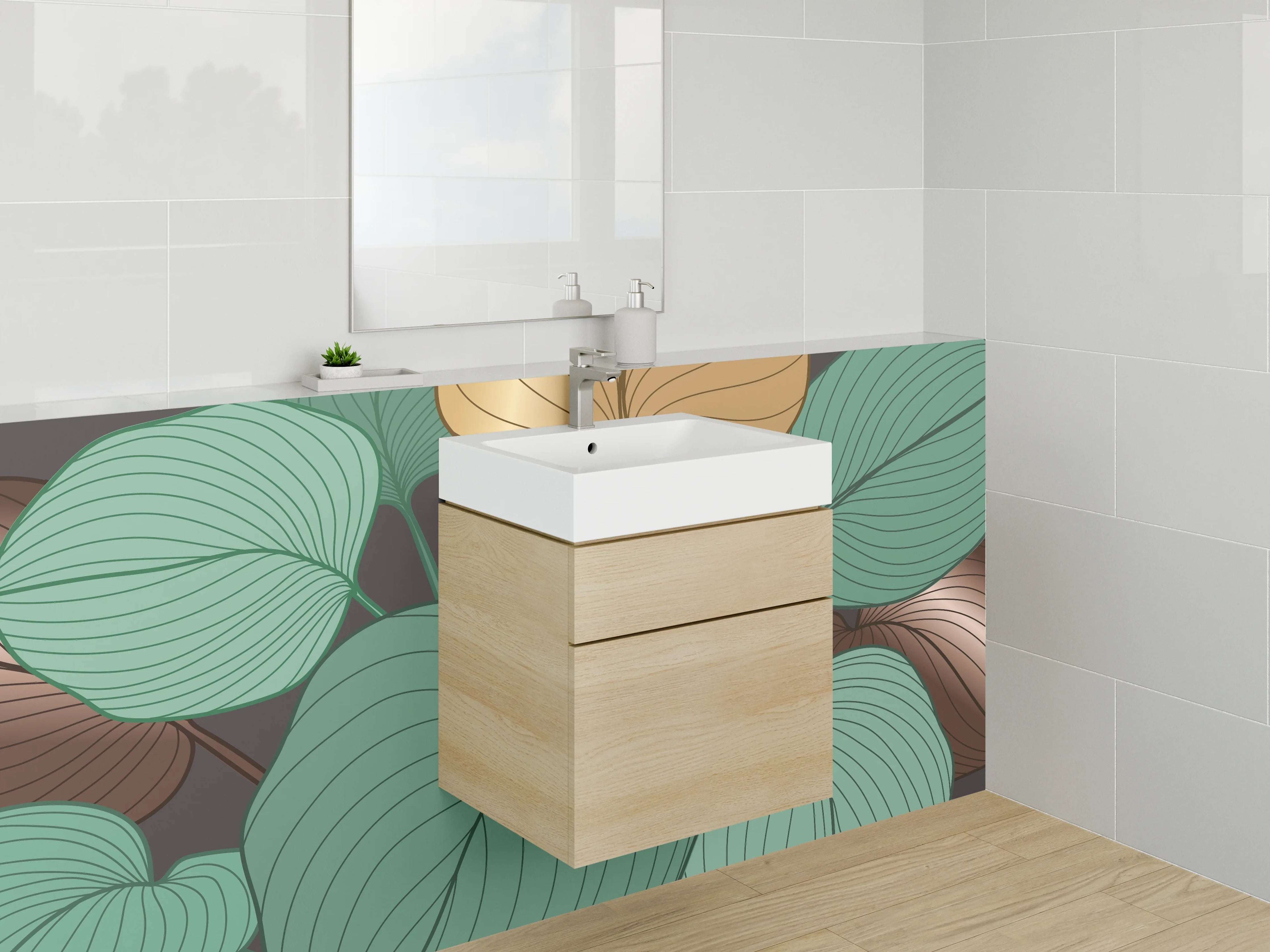 Waschbecken-Rückwand - Botanische Blätter Illustration grün gold