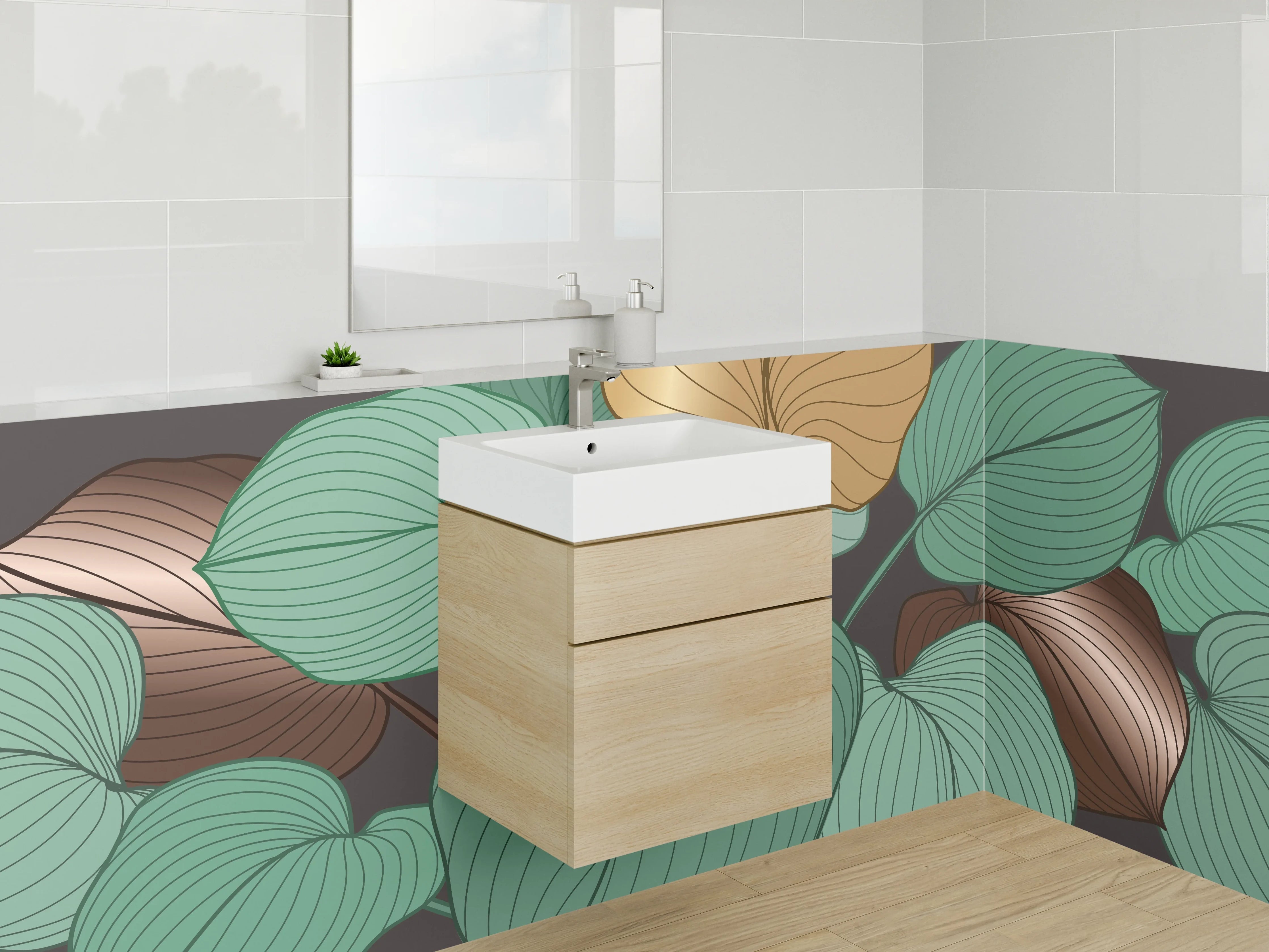 Waschbecken-Rückwand - Botanische Blätter Illustration grün gold