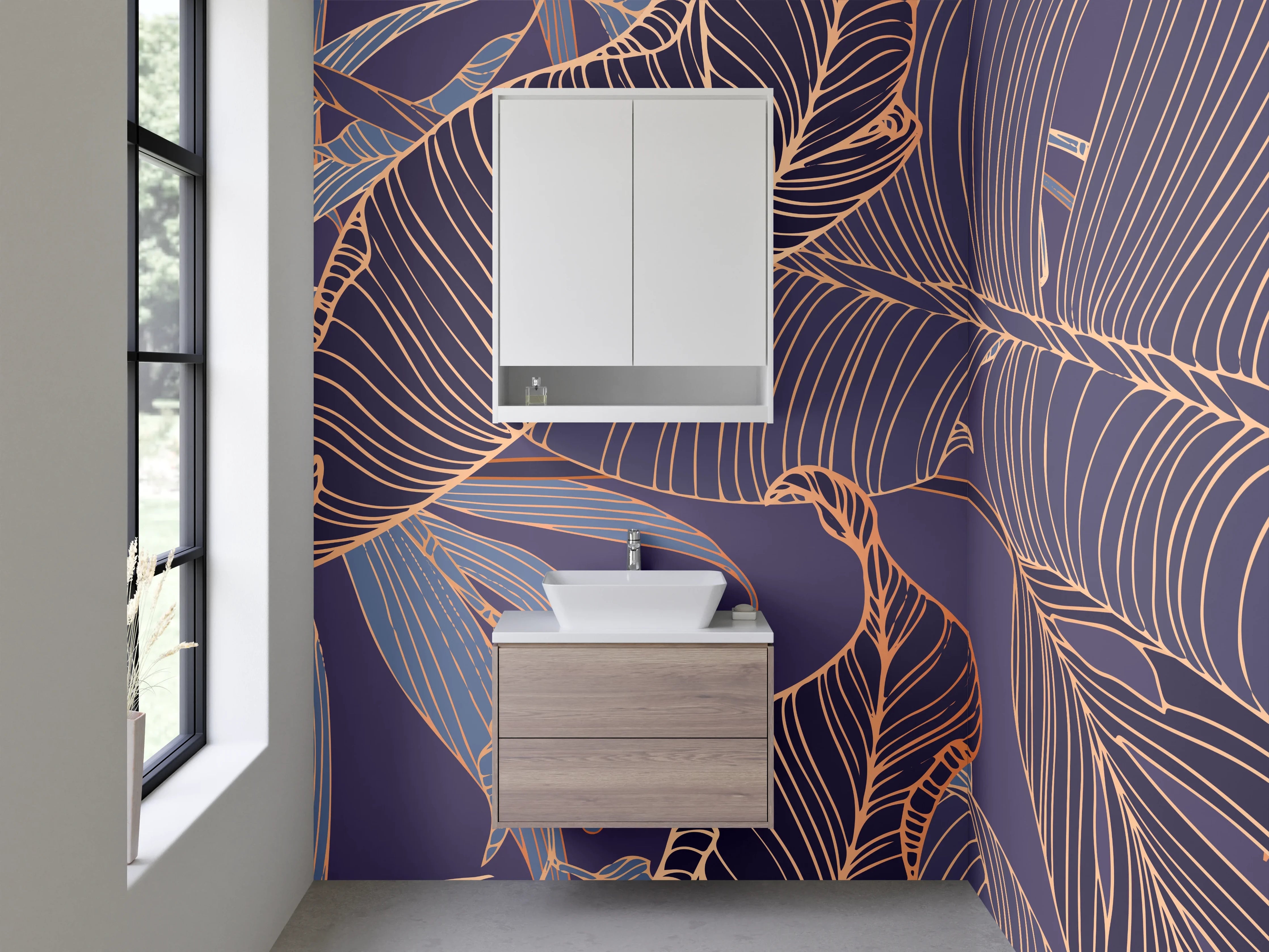 Waschbecken-Rückwand - Botanische Lineart auf Lila Hintergrund