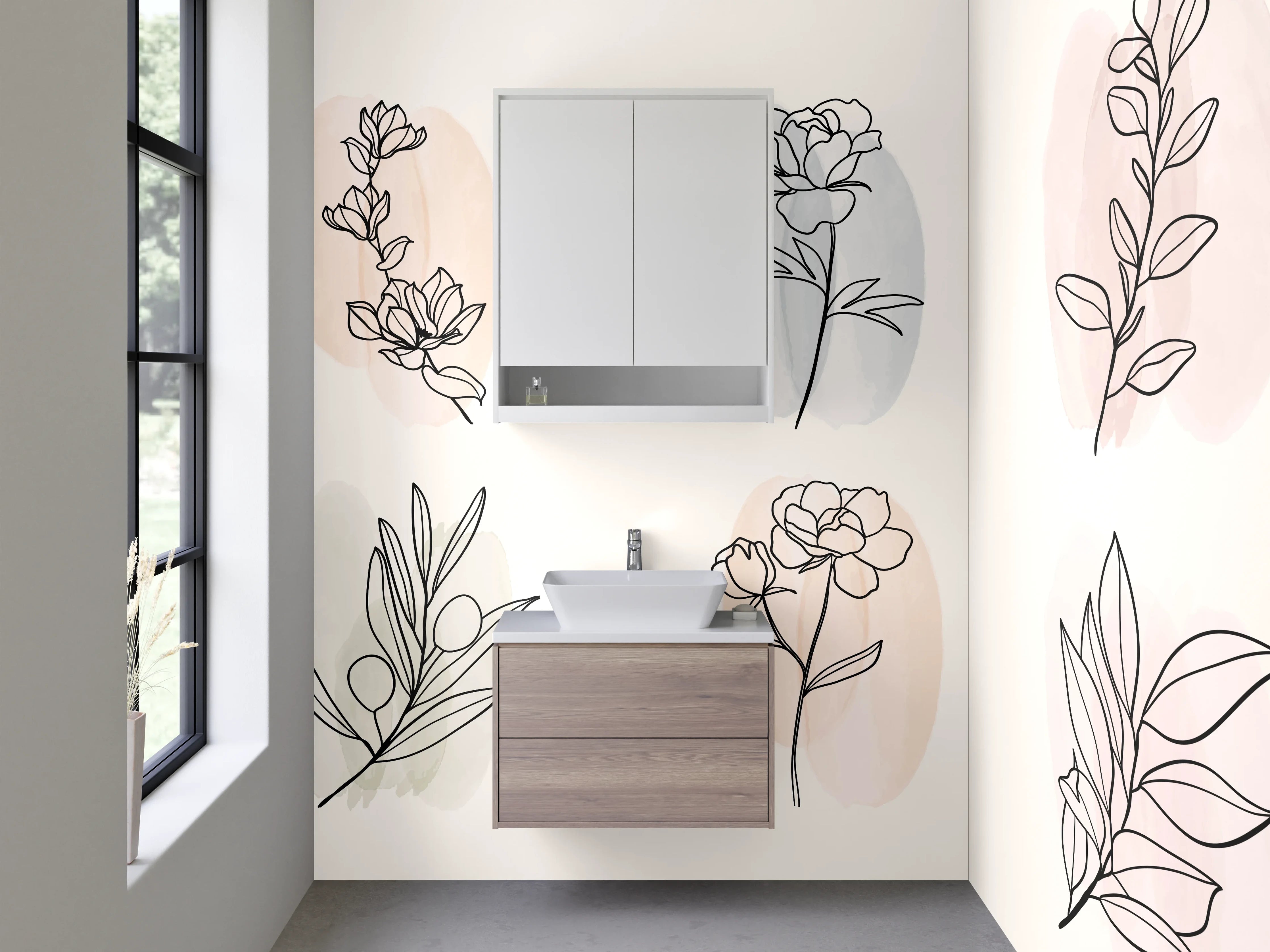 Waschbecken-Rückwand - Botanische Lineart auf Pastell – Floral