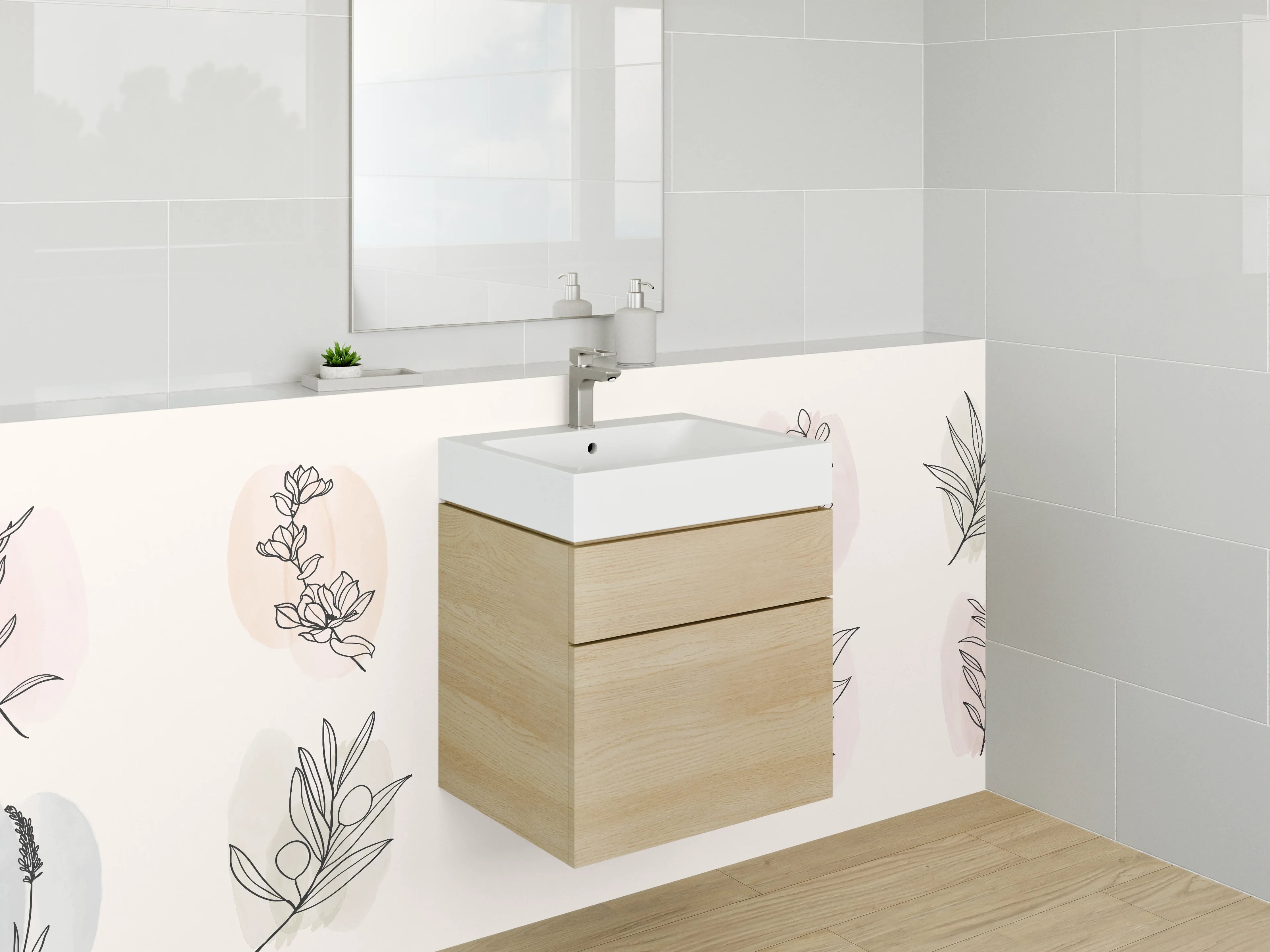Waschbecken-Rückwand - Botanische Lineart auf Pastell – Floral