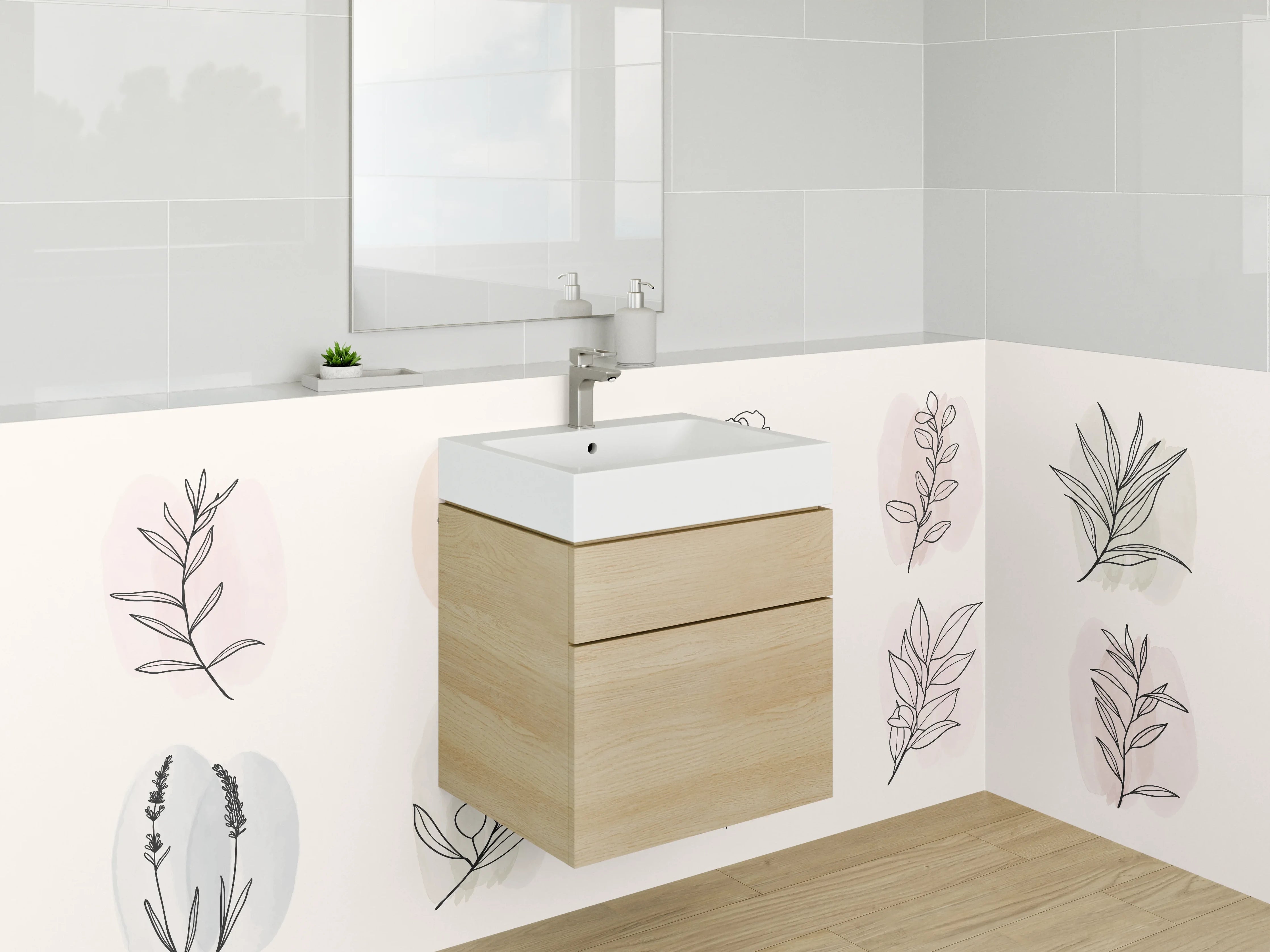 Waschbecken-Rückwand - Botanische Lineart auf Pastell – Floral