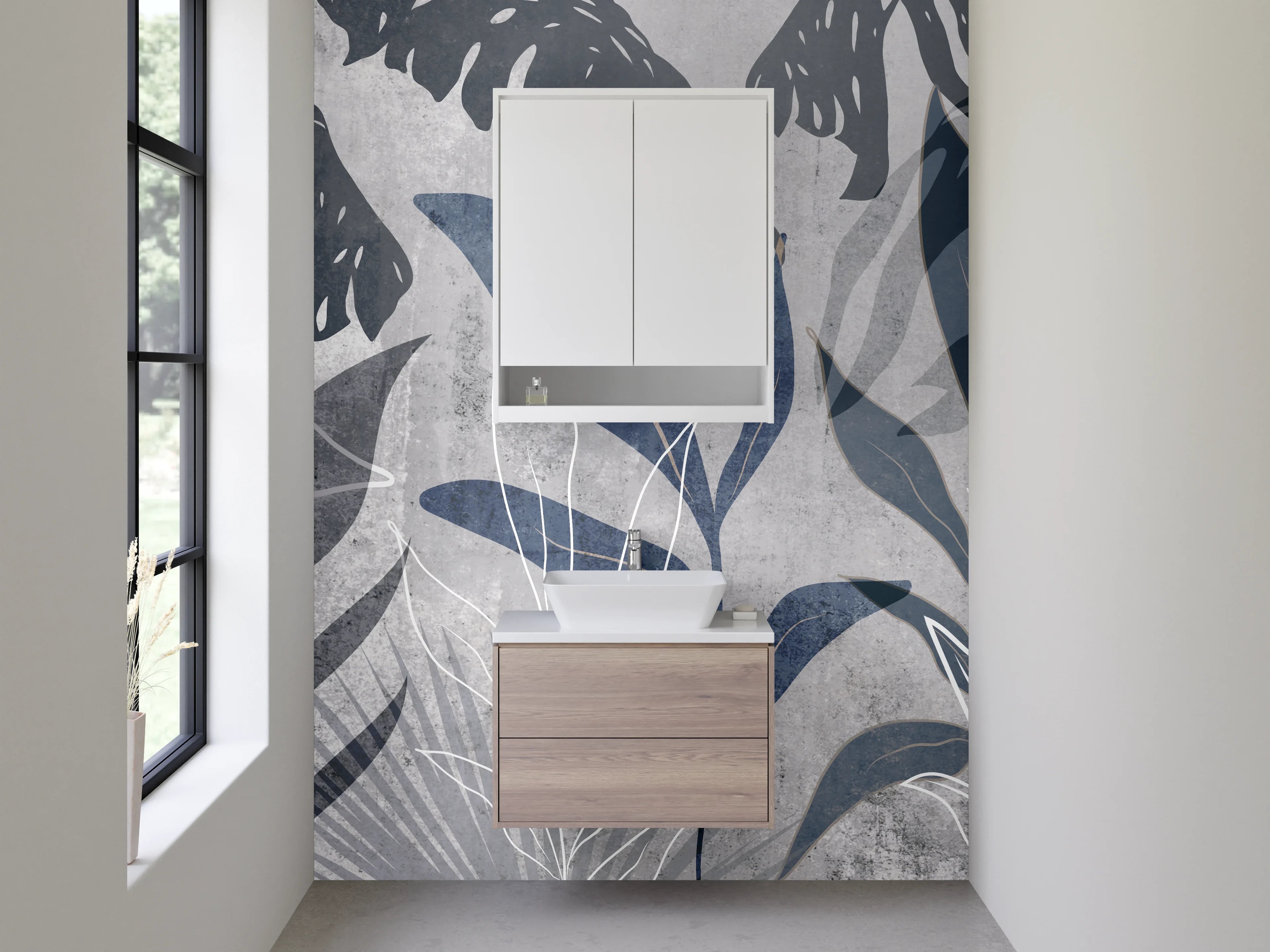 Waschbecken-Rückwand - Botanische Lineart in Grau und Blau
