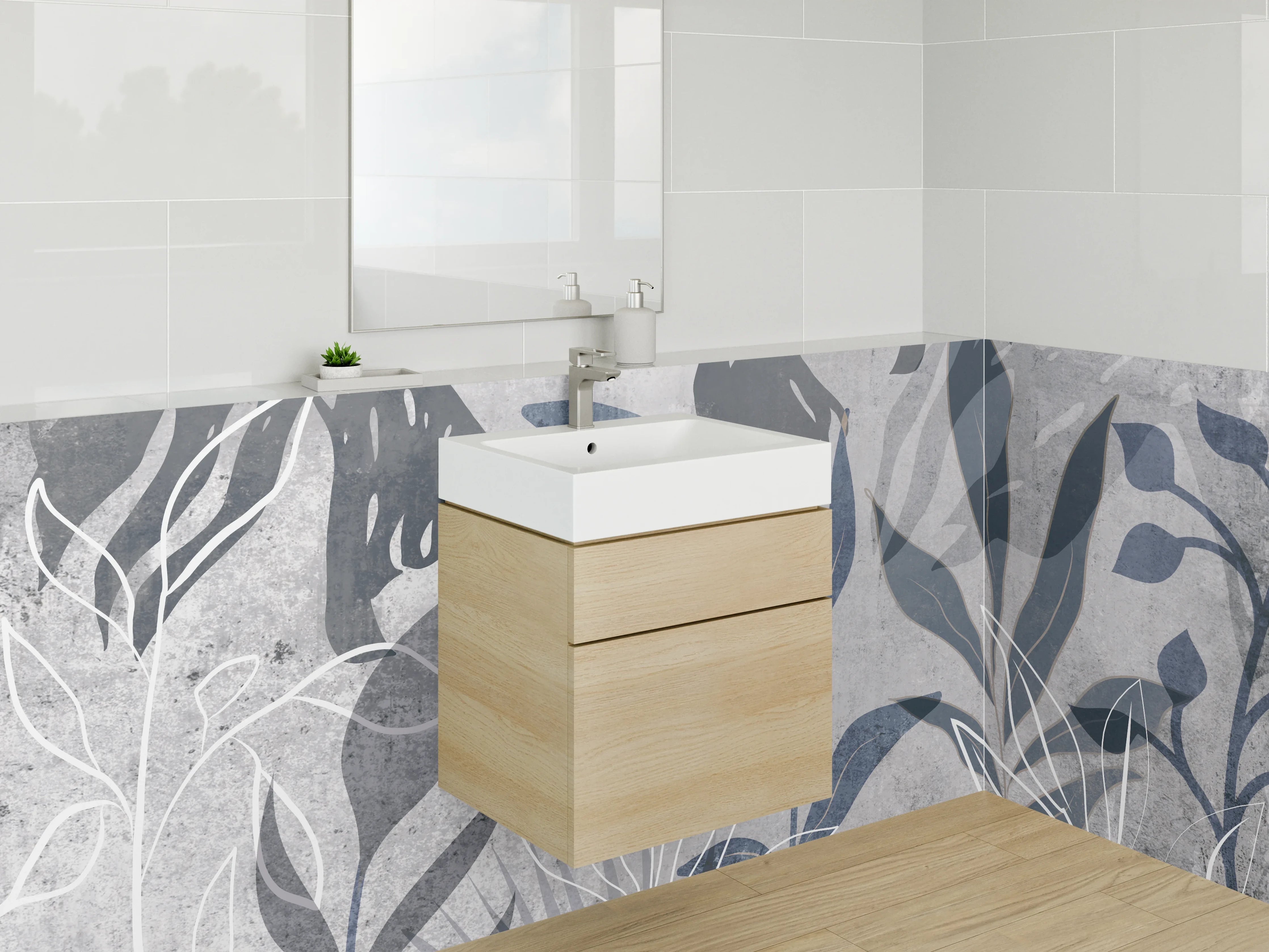 Waschbecken-Rückwand - Botanische Lineart in Grau und Blau