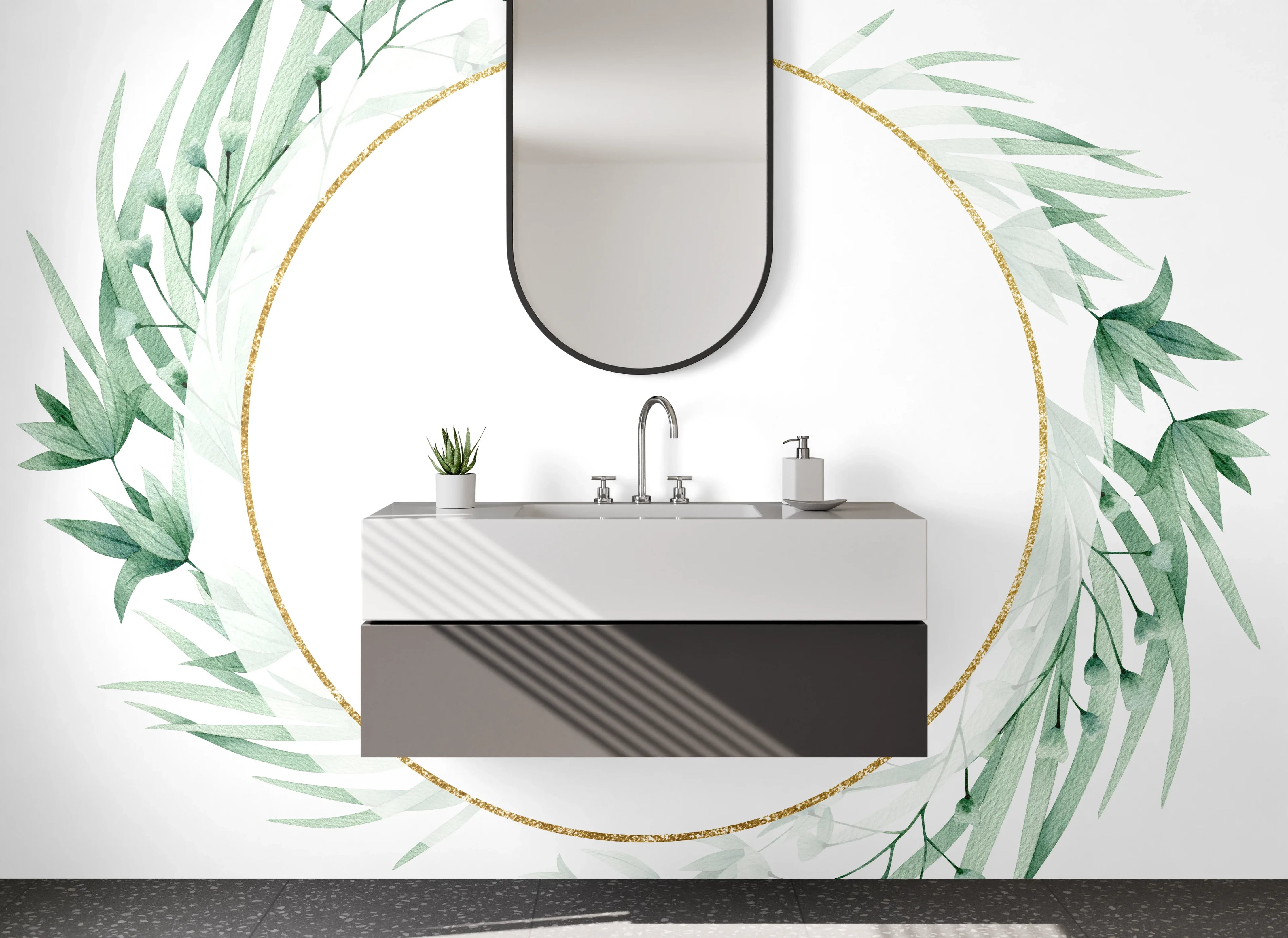 Waschbecken-Rückwand - Botanischer Aquarell-Kranz mit Goldrand