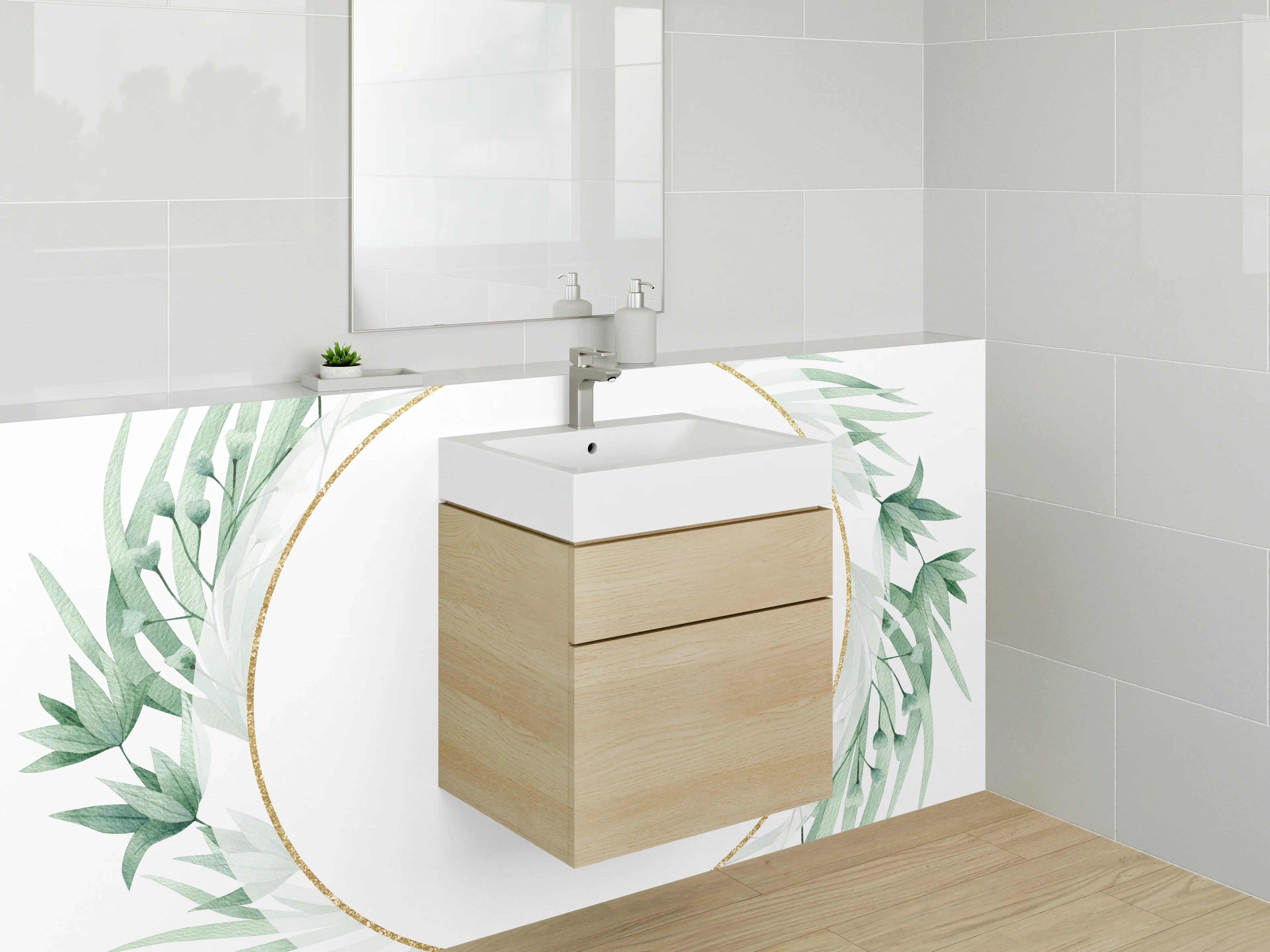 Waschbecken-Rückwand - Botanischer Aquarell-Kranz mit Goldrand