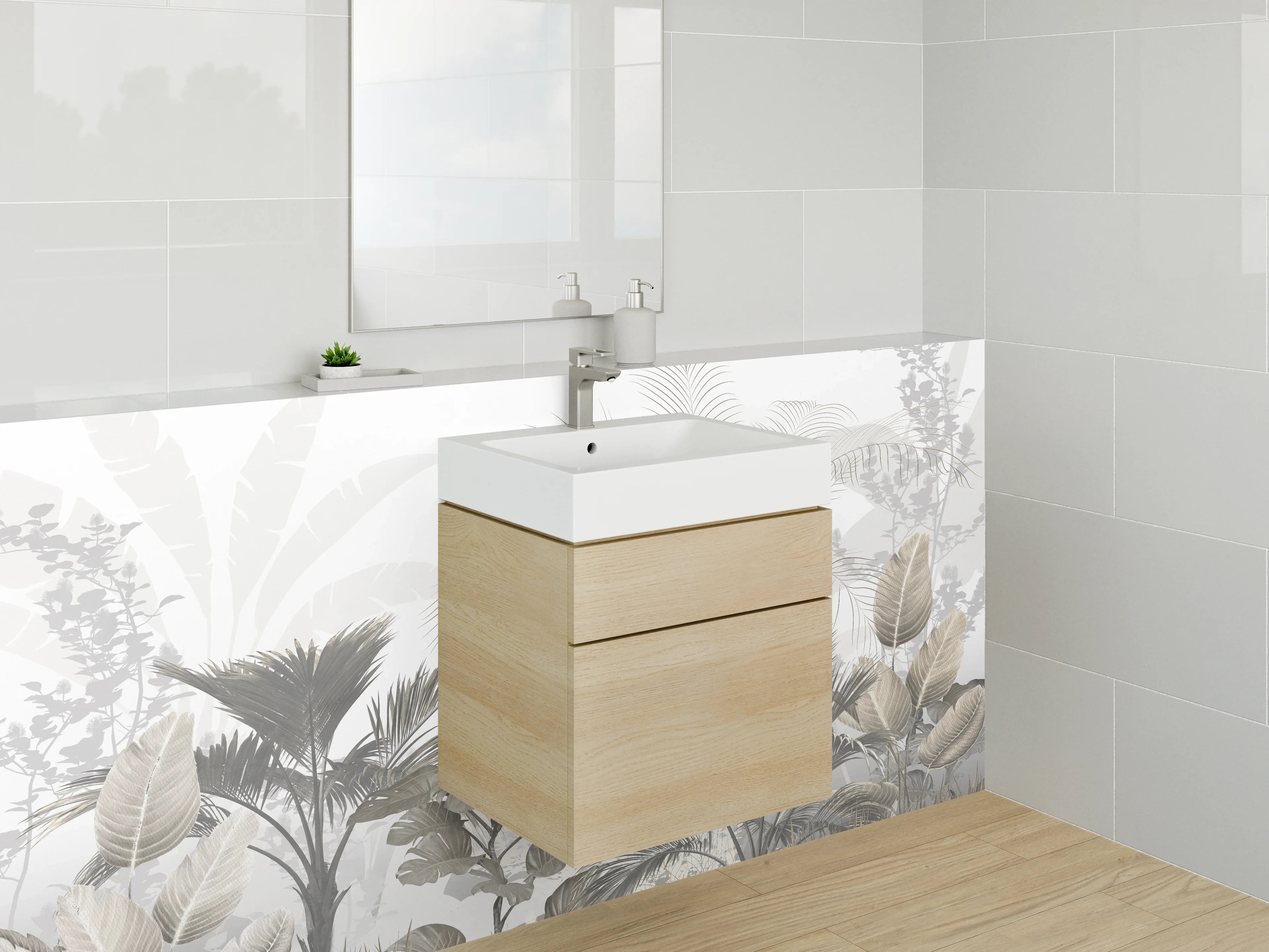 Waschbecken-Rückwand - Botanischer Dschungel in Weiß und Taupe