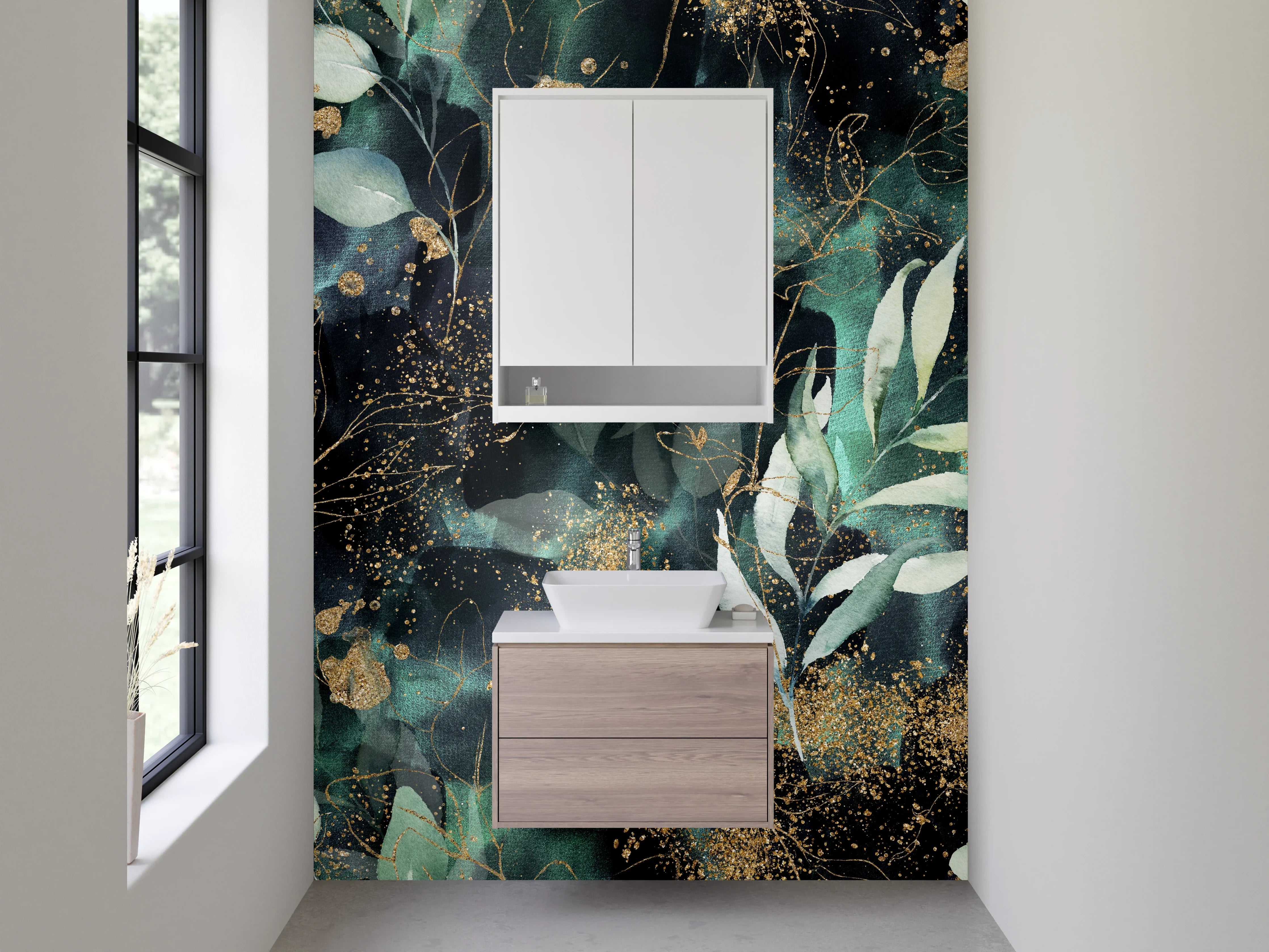 Waschbecken-Rückwand - Botanisches Aquarell mit Goldakzenten