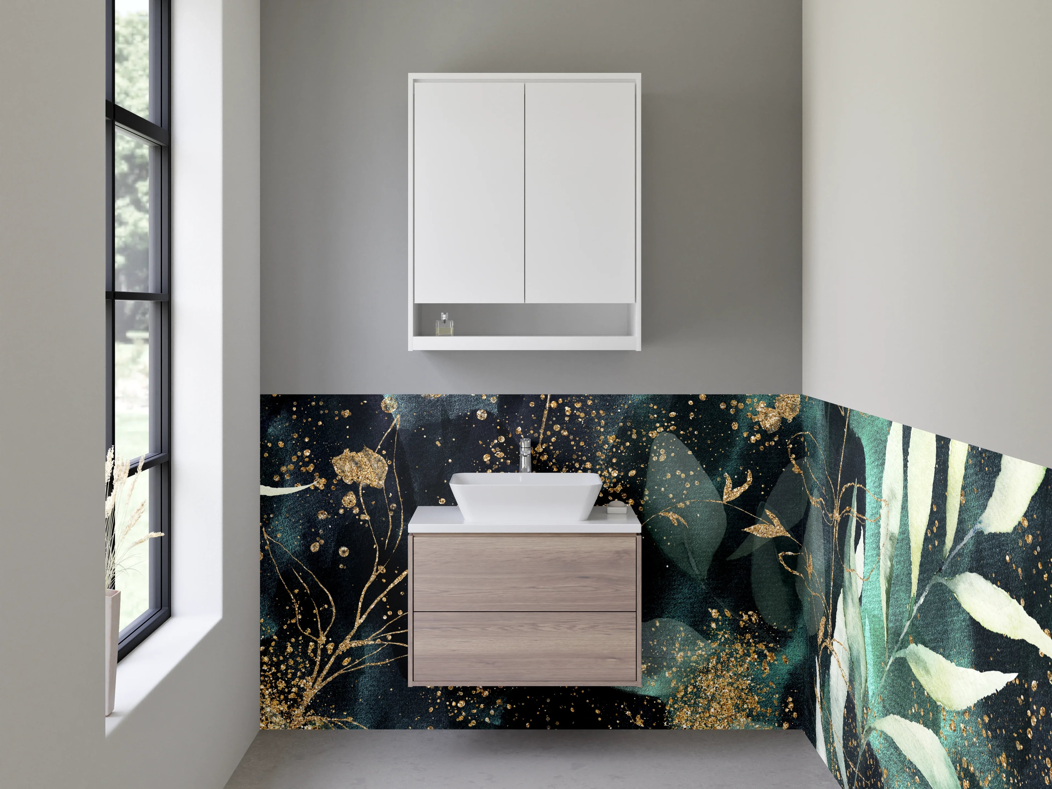 Waschbecken-Rückwand - Botanisches Aquarell mit Goldakzenten