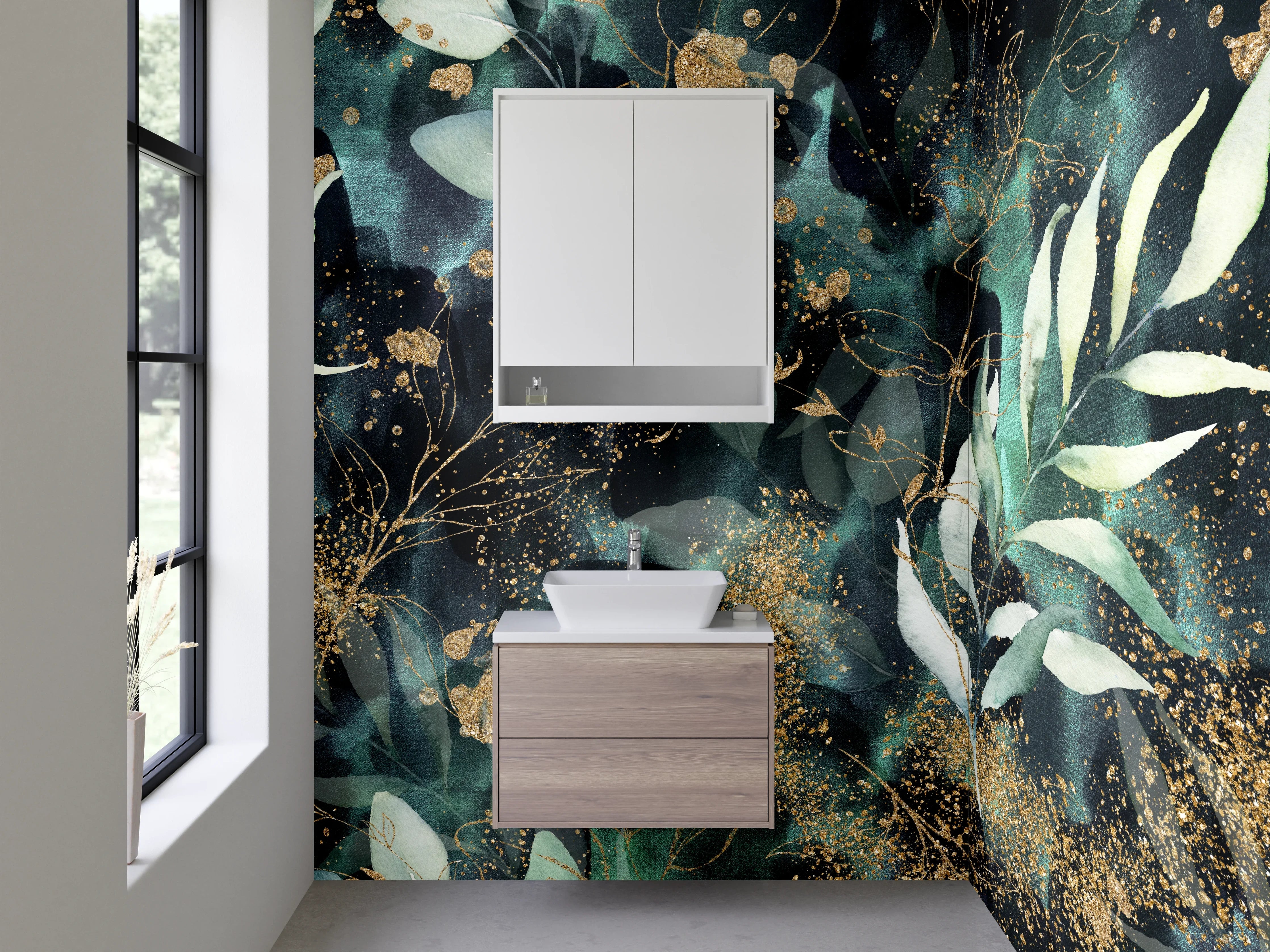 Waschbecken-Rückwand - Botanisches Aquarell mit Goldakzenten
