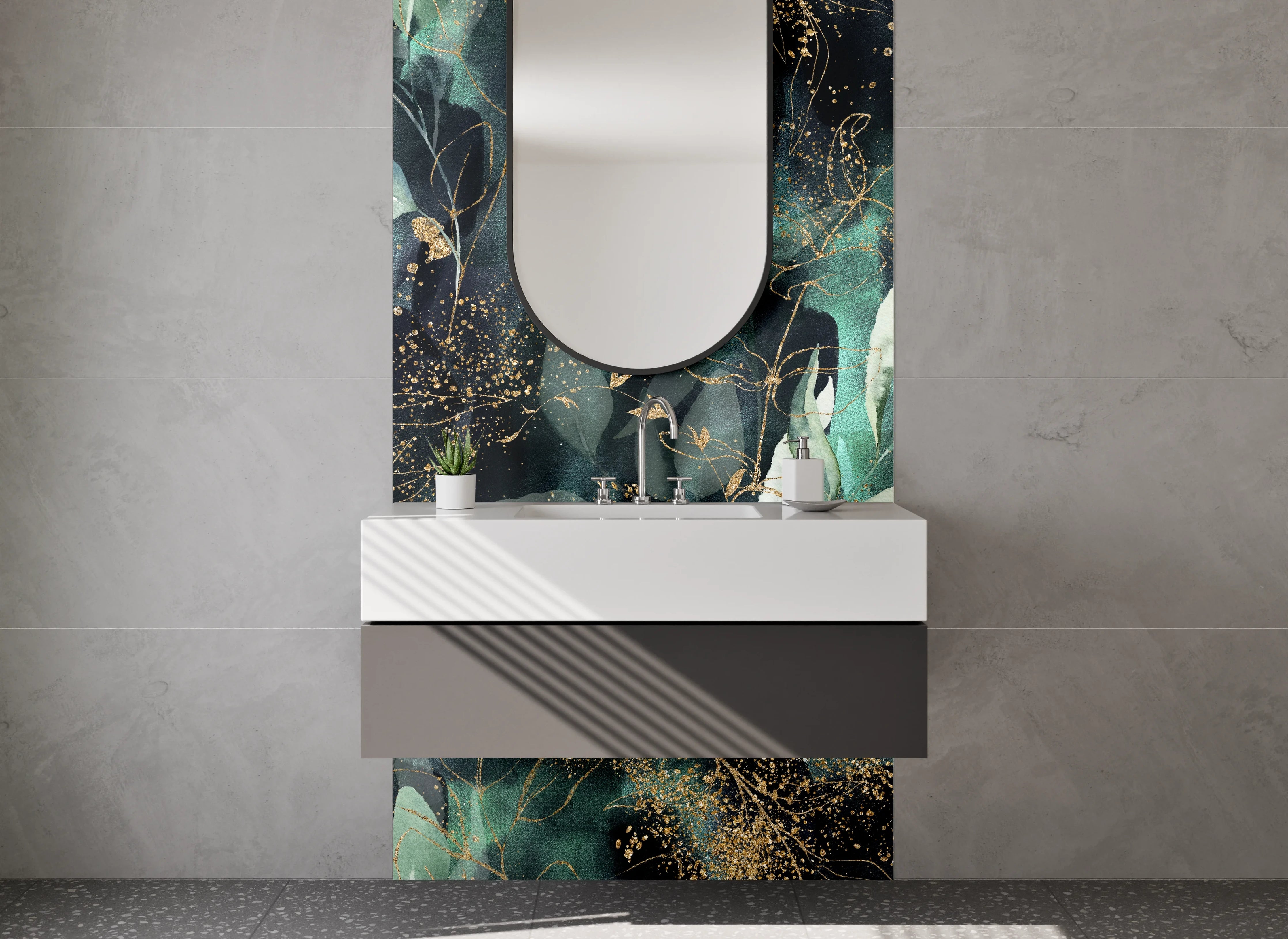 Waschbecken-Rückwand - Botanisches Aquarell mit Goldakzenten