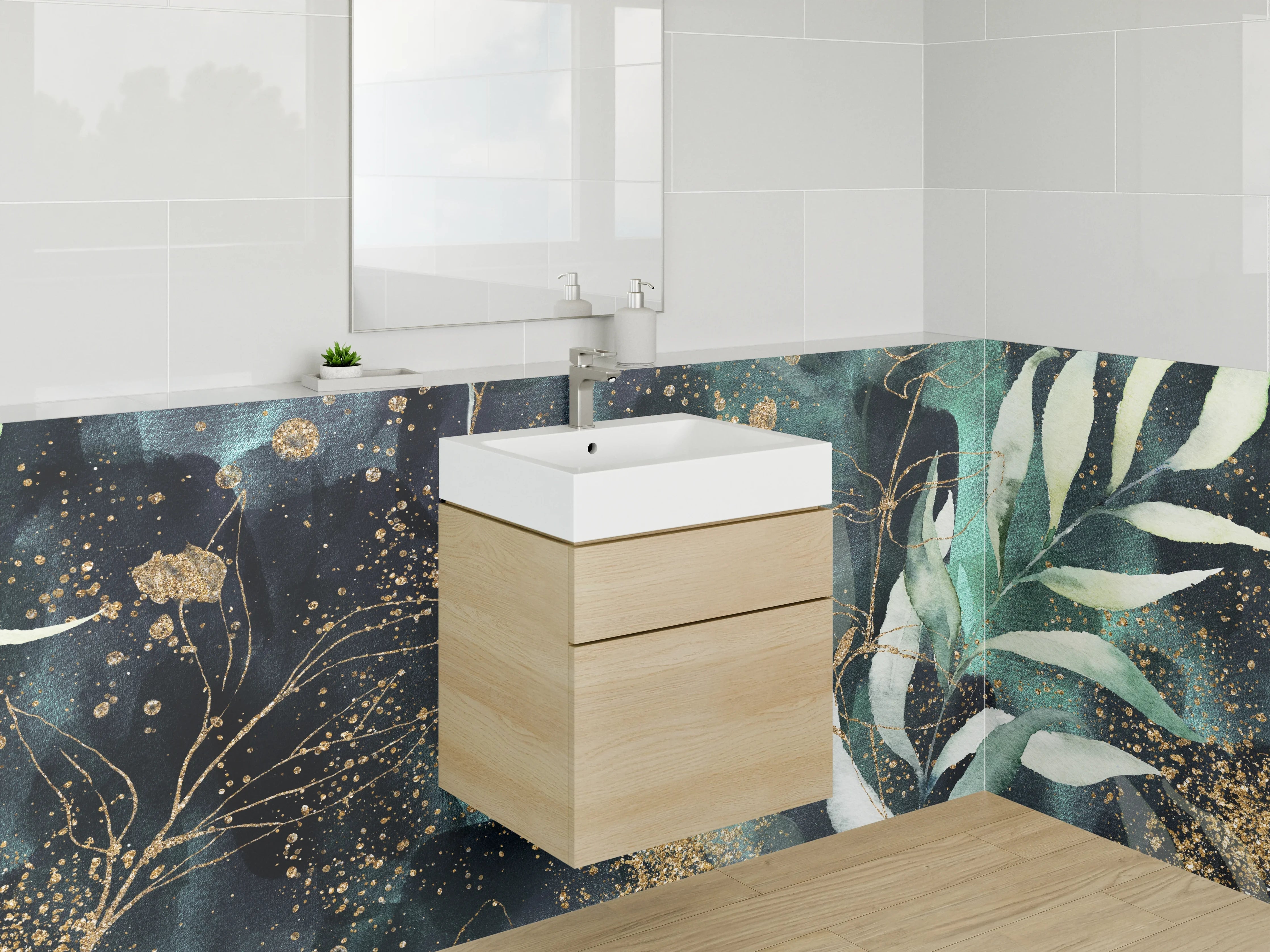 Waschbecken-Rückwand - Botanisches Aquarell mit Goldakzenten