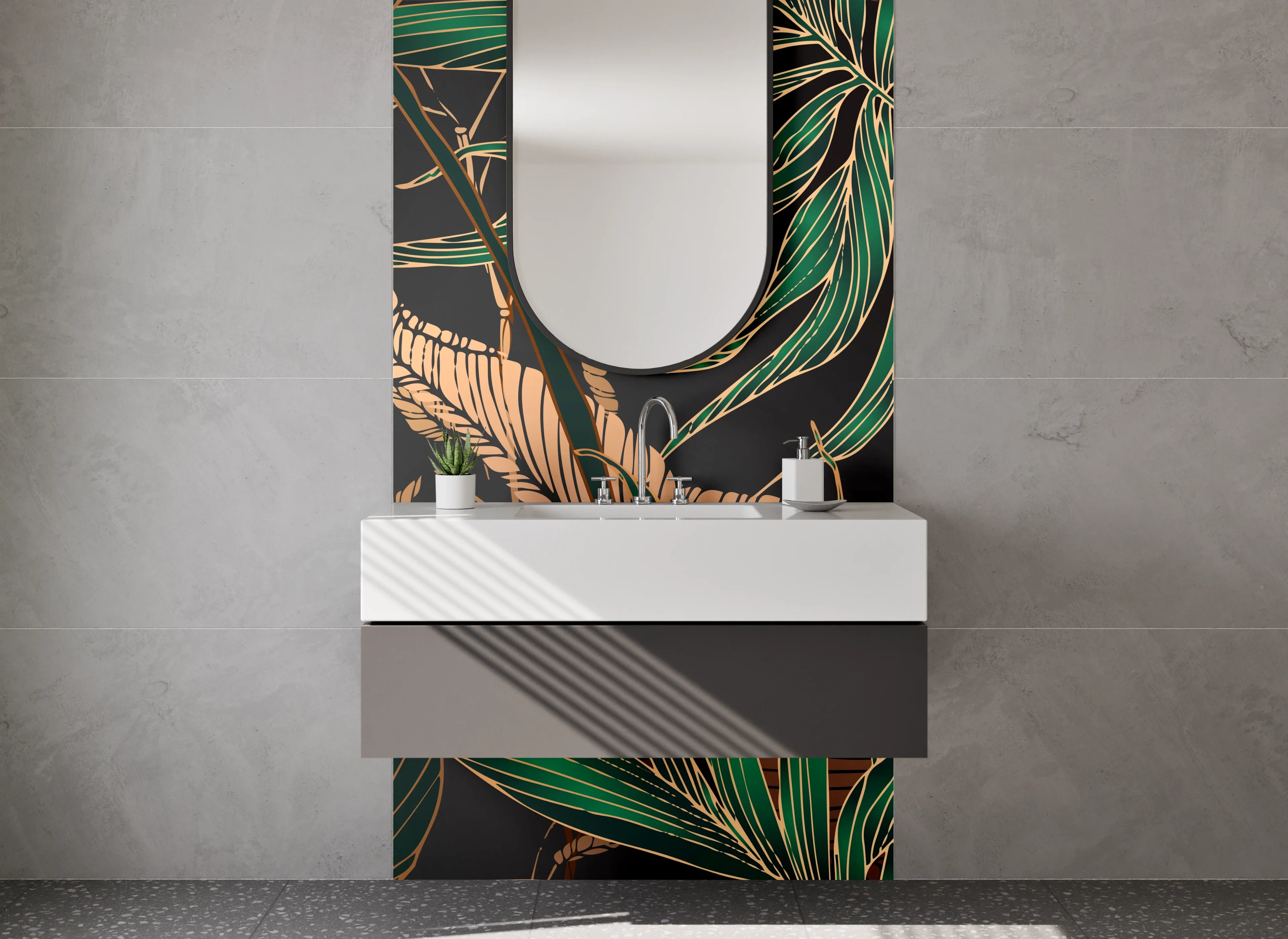 Waschbecken-Rückwand - Botanisches Dschungel-Muster Grün Gold
