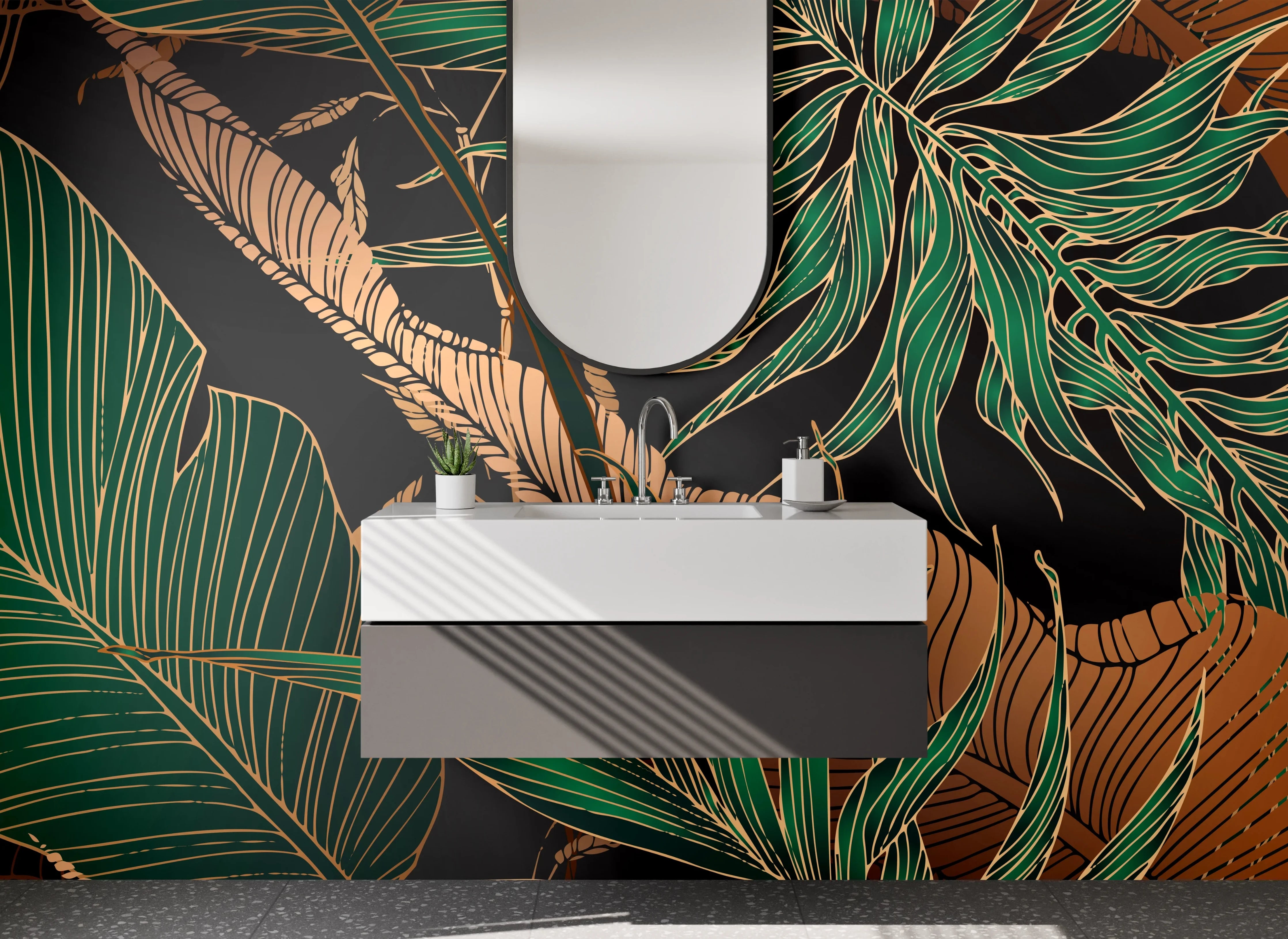 Waschbecken-Rückwand - Botanisches Dschungel-Muster Grün Gold