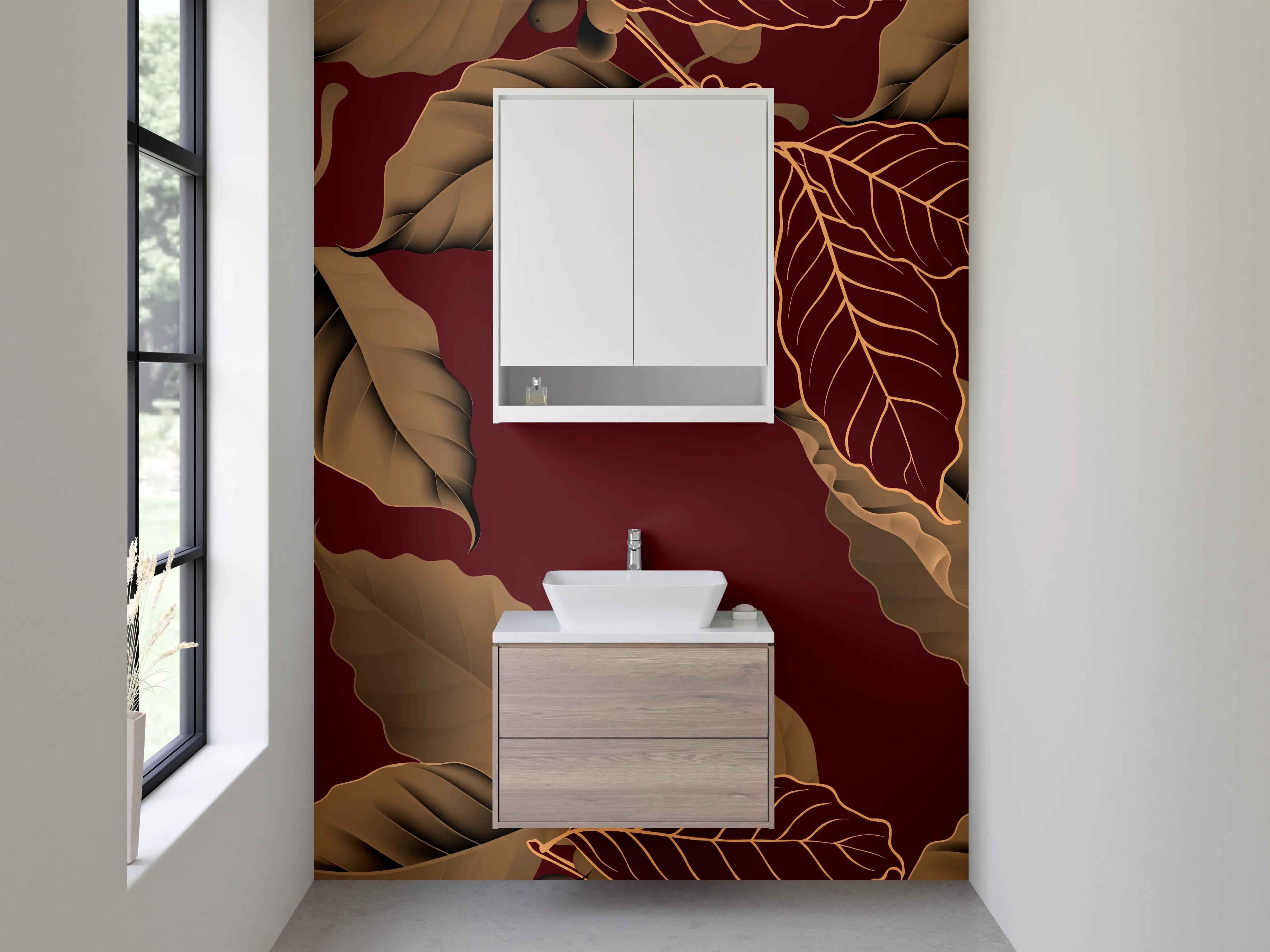 Waschbecken-Rückwand - Botanisches Kaffeeblatt-Muster Braun Gold