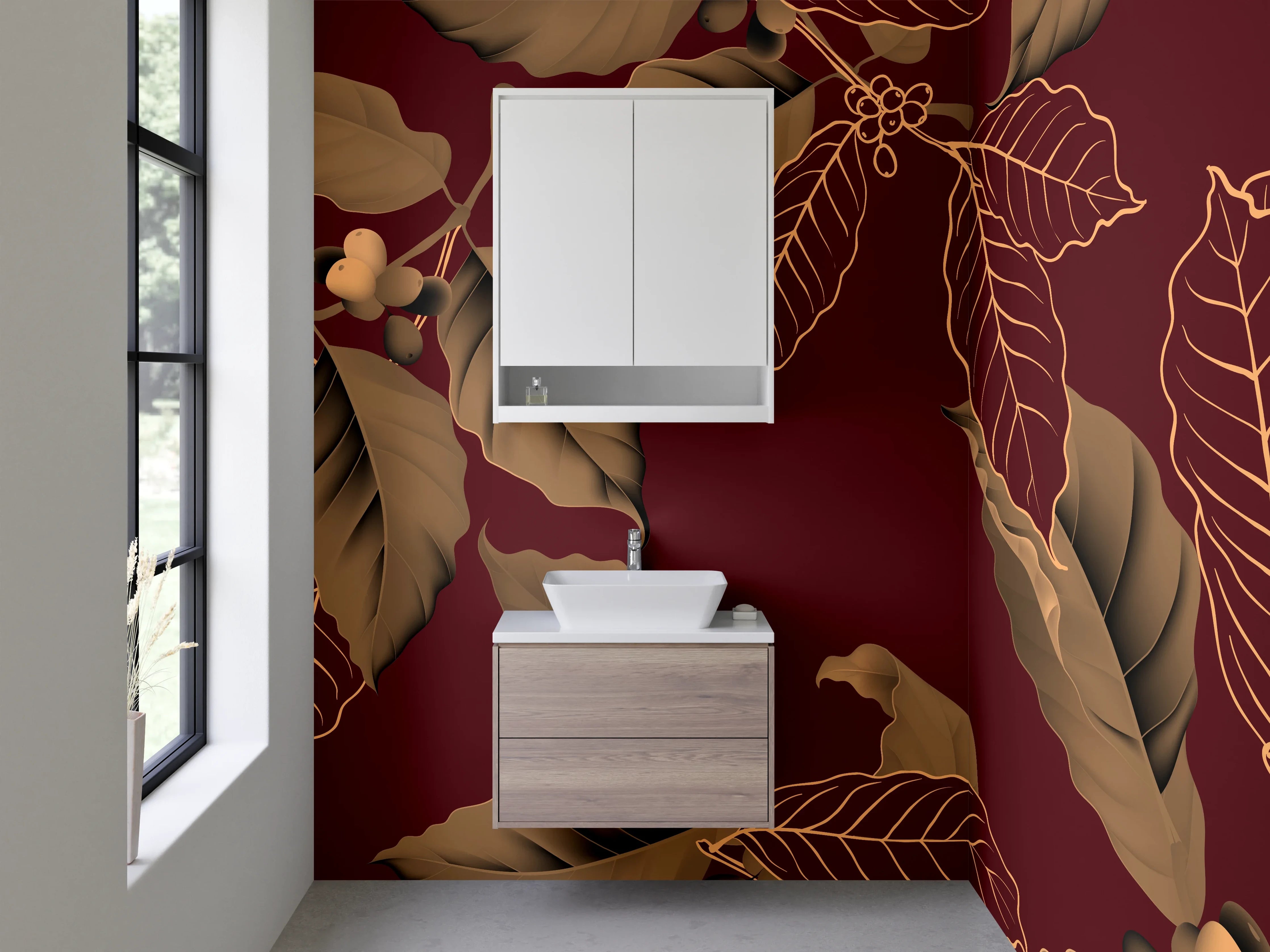 Waschbecken-Rückwand - Botanisches Kaffeeblatt-Muster Braun Gold