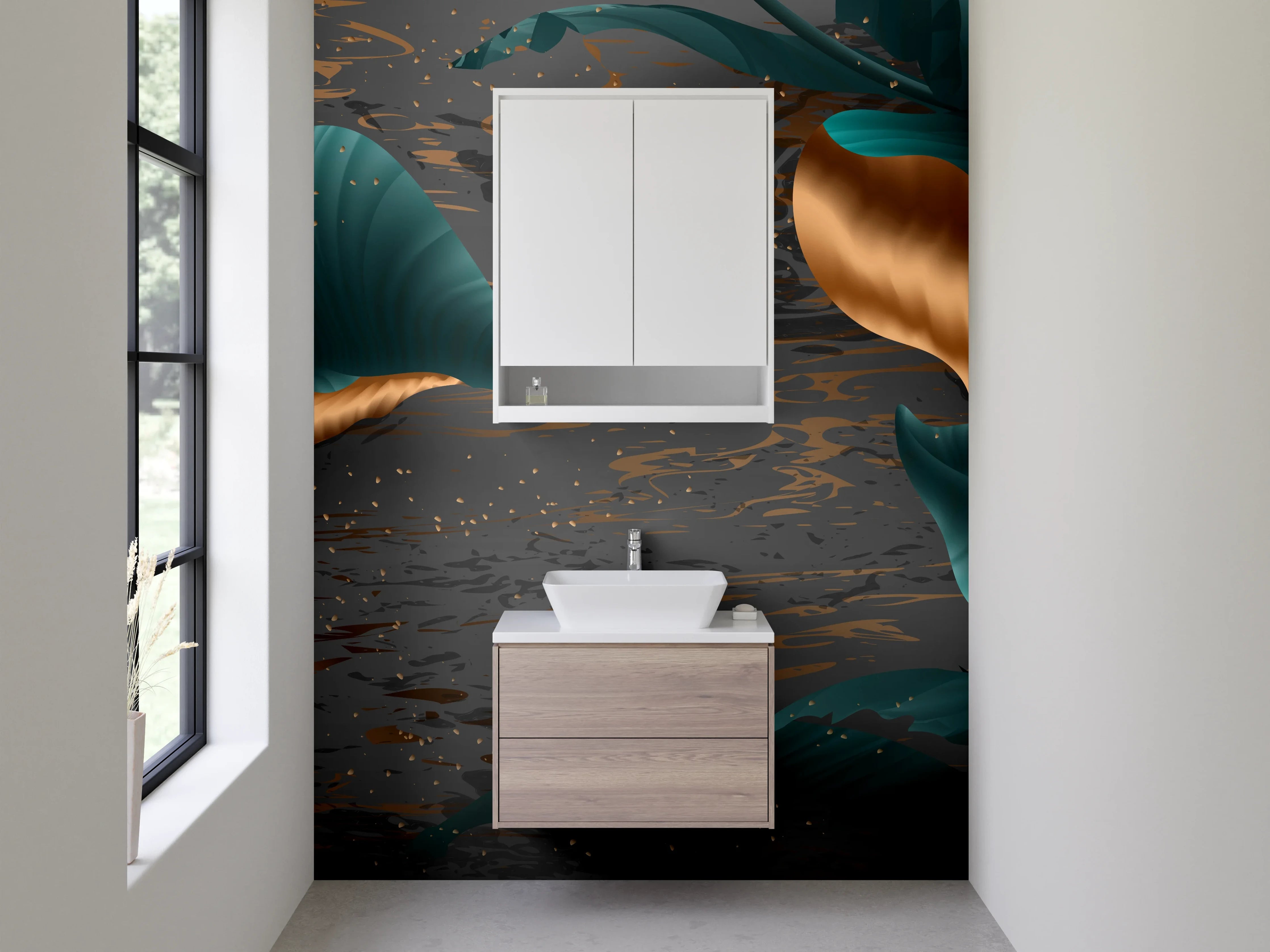 Waschbecken-Rückwand - Botanisches Kunstwerk mit goldenen Akzenten