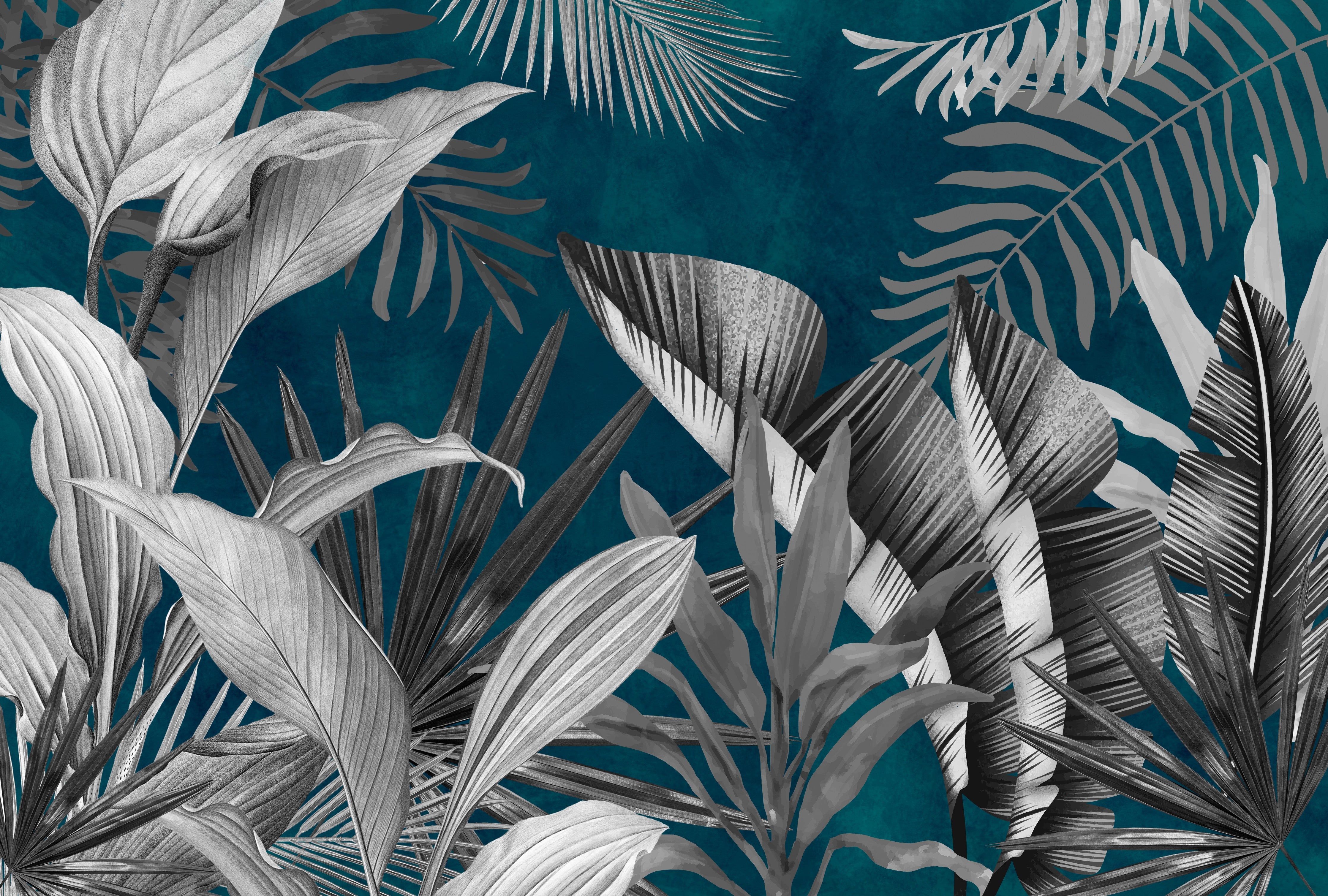 Waschbecken-Rückwand-Botanisches Schwarz-Weiß-Dschungelmotiv auf Blau