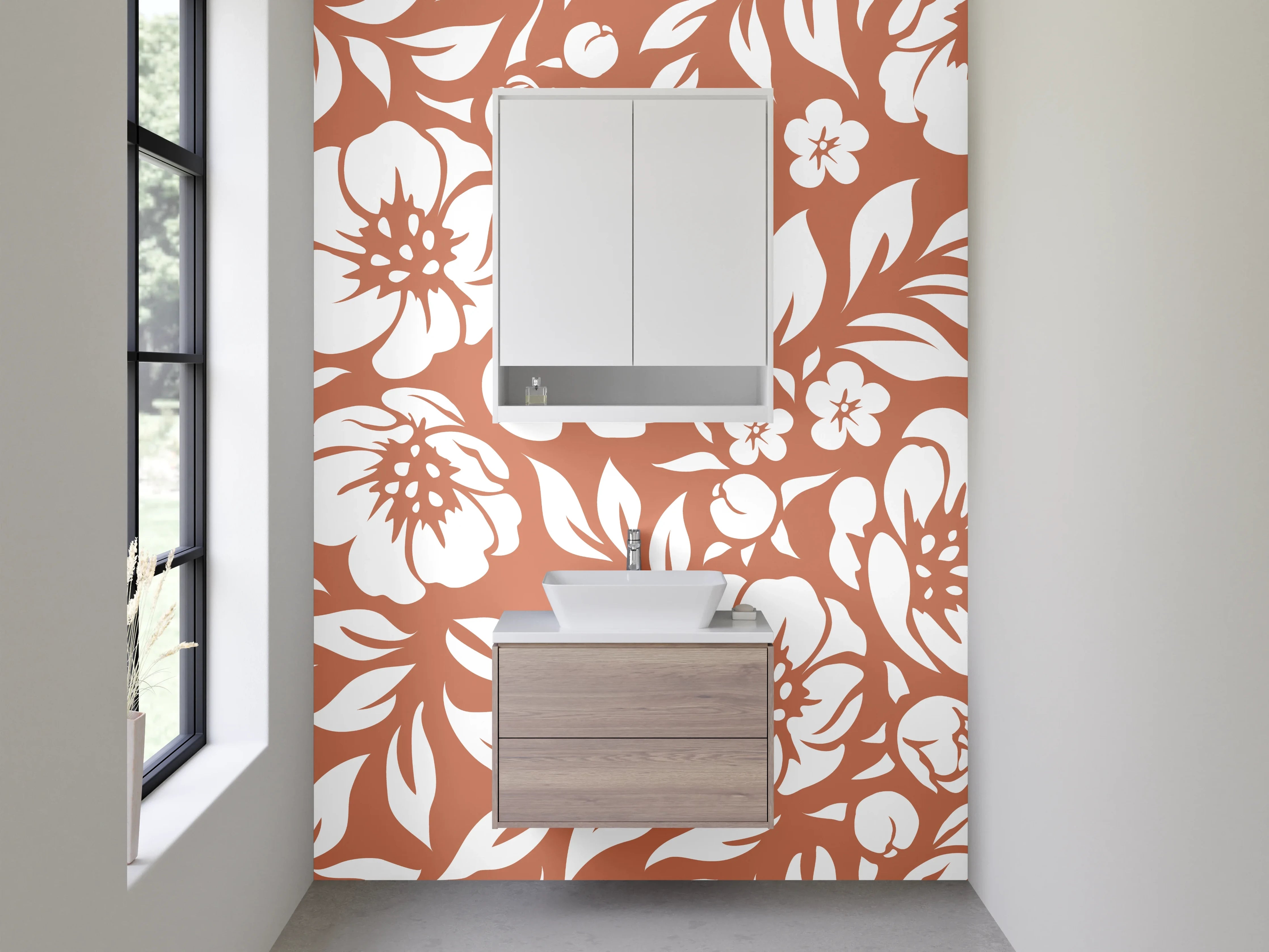 Waschbecken-Rückwand - Braun-Graues Blumenmotiv auf Weiß