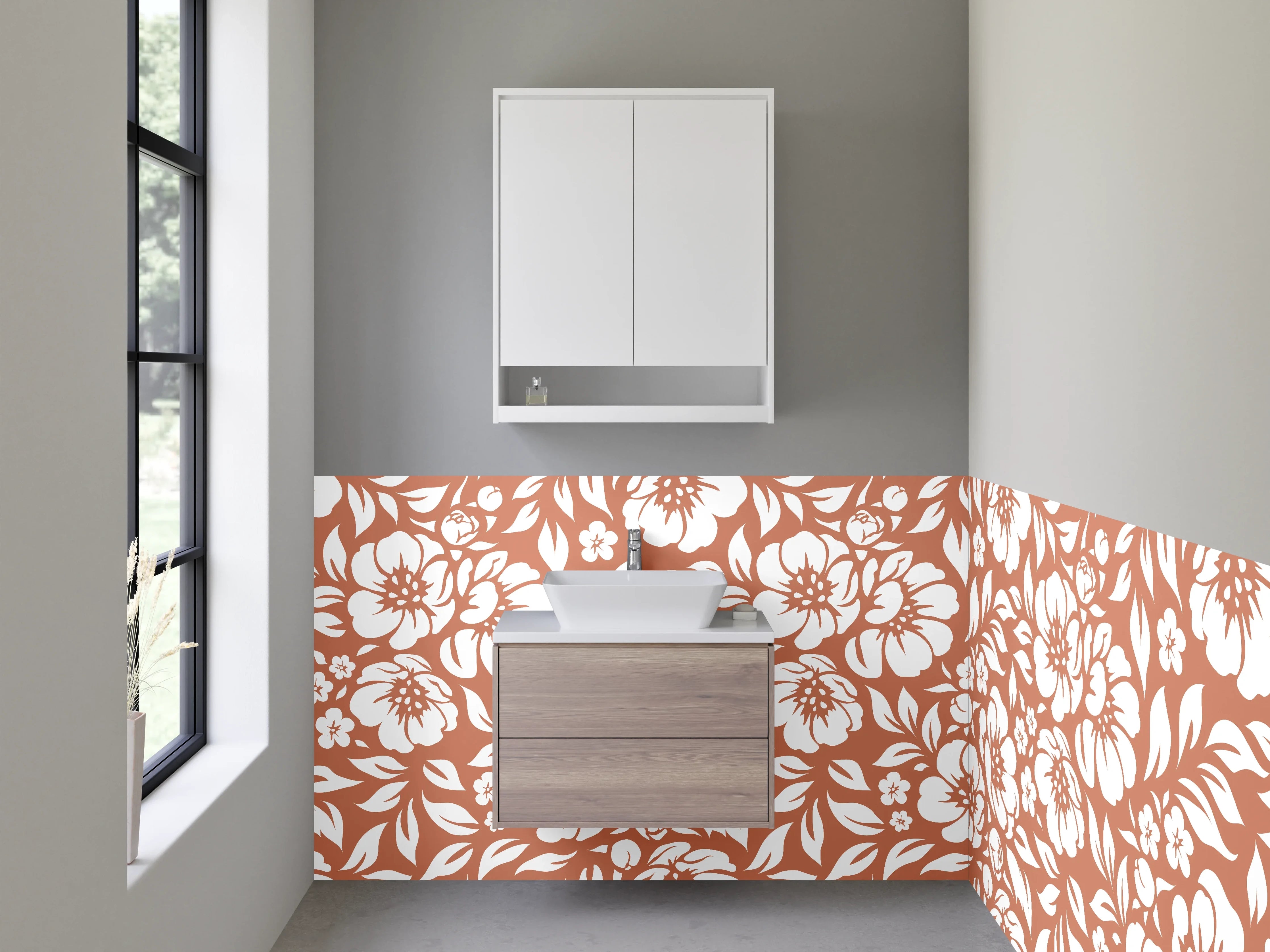 Waschbecken-Rückwand - Braun-Graues Blumenmotiv auf Weiß