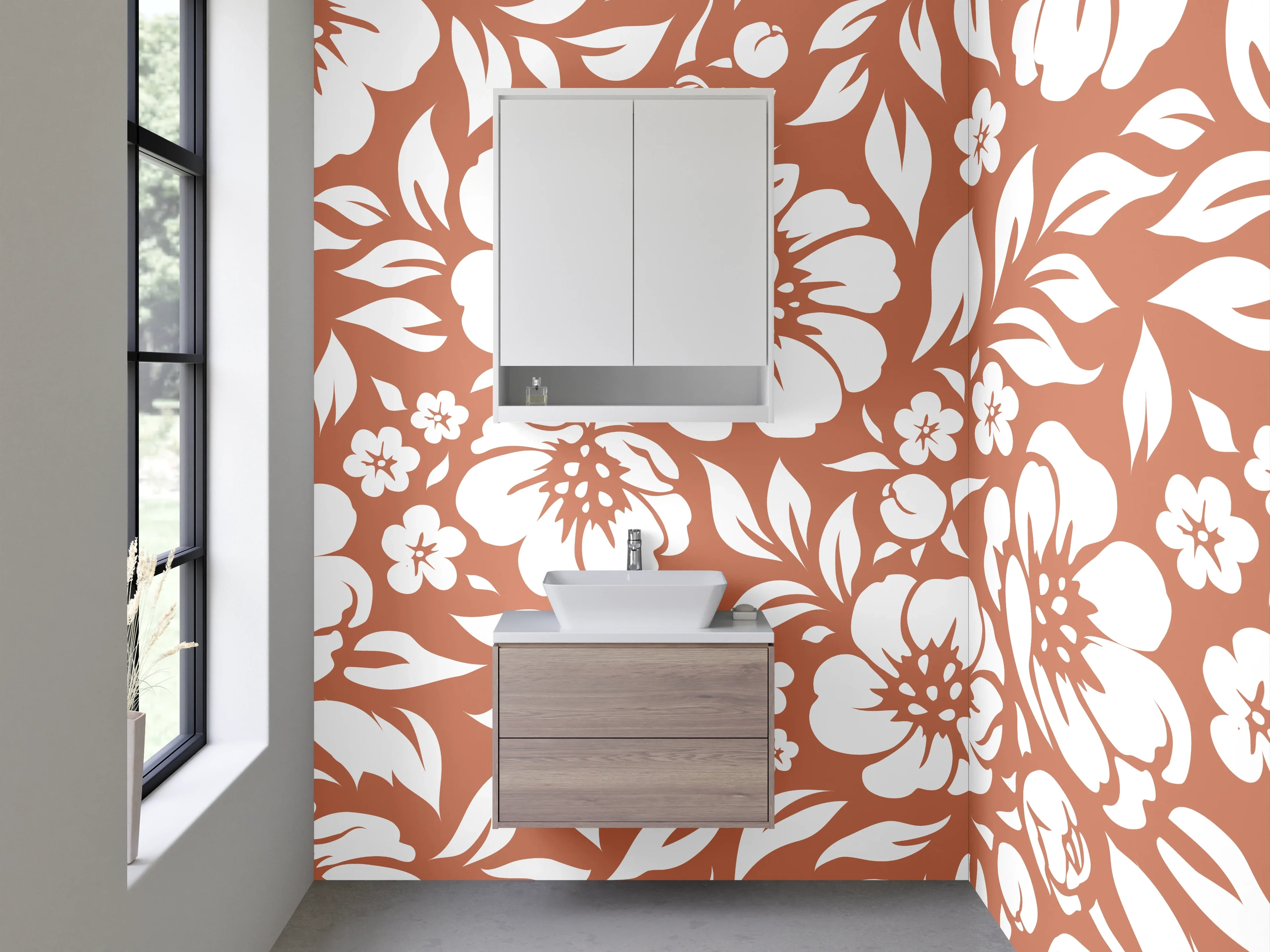Waschbecken-Rückwand - Braun-Graues Blumenmotiv auf Weiß