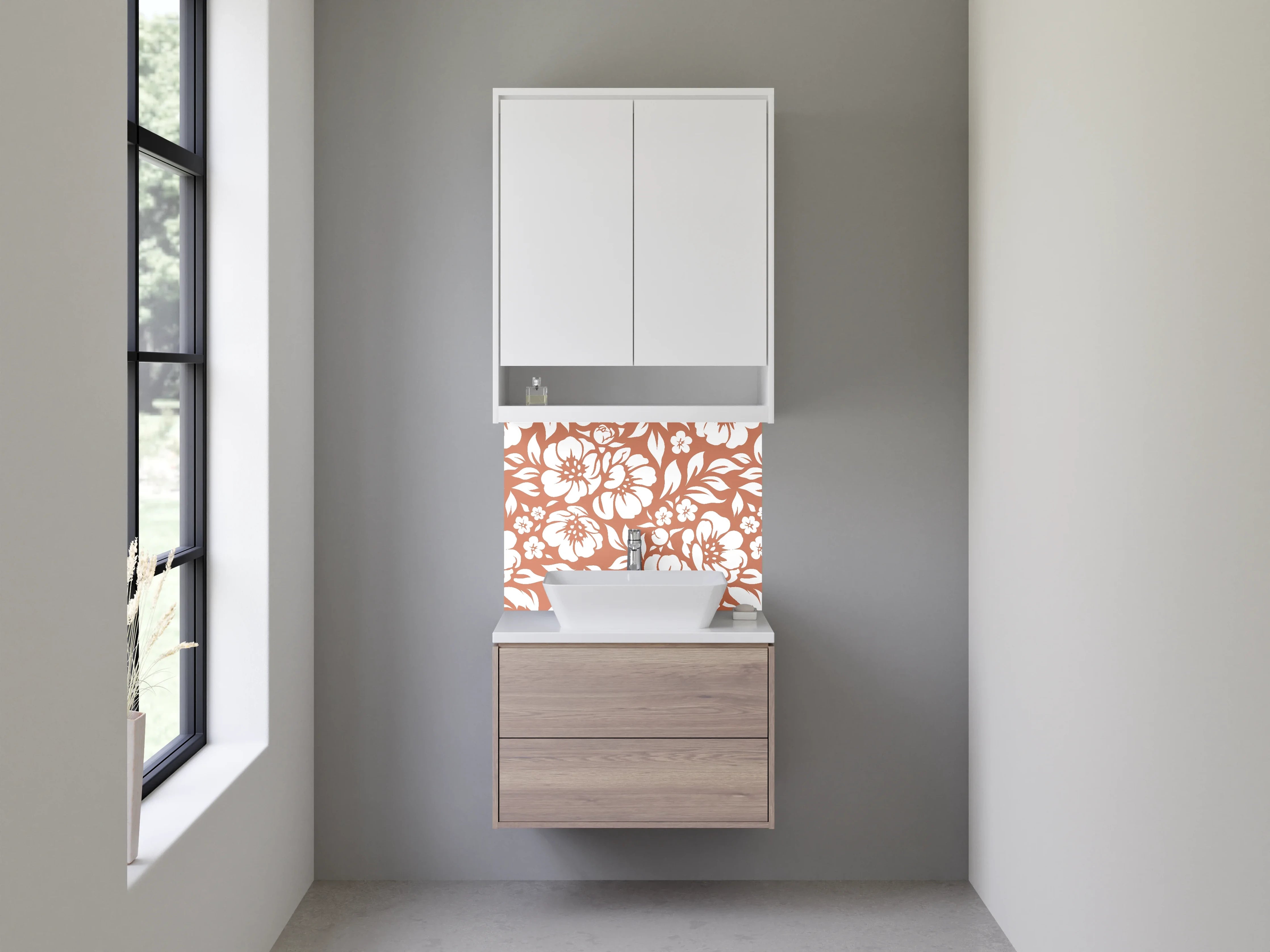 Waschbecken-Rückwand - Braun-Graues Blumenmotiv auf Weiß