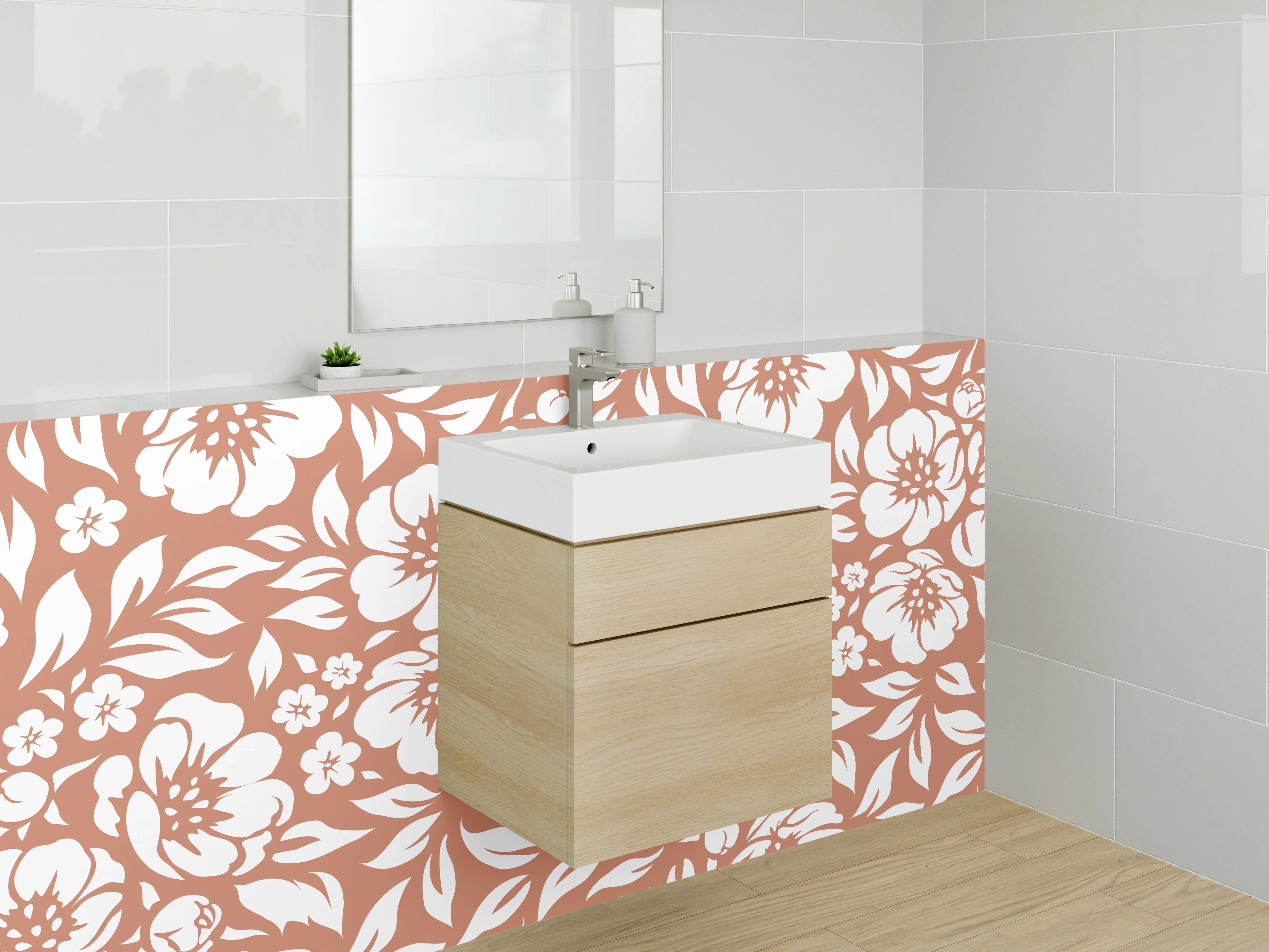 Waschbecken-Rückwand - Braun-Graues Blumenmotiv auf Weiß