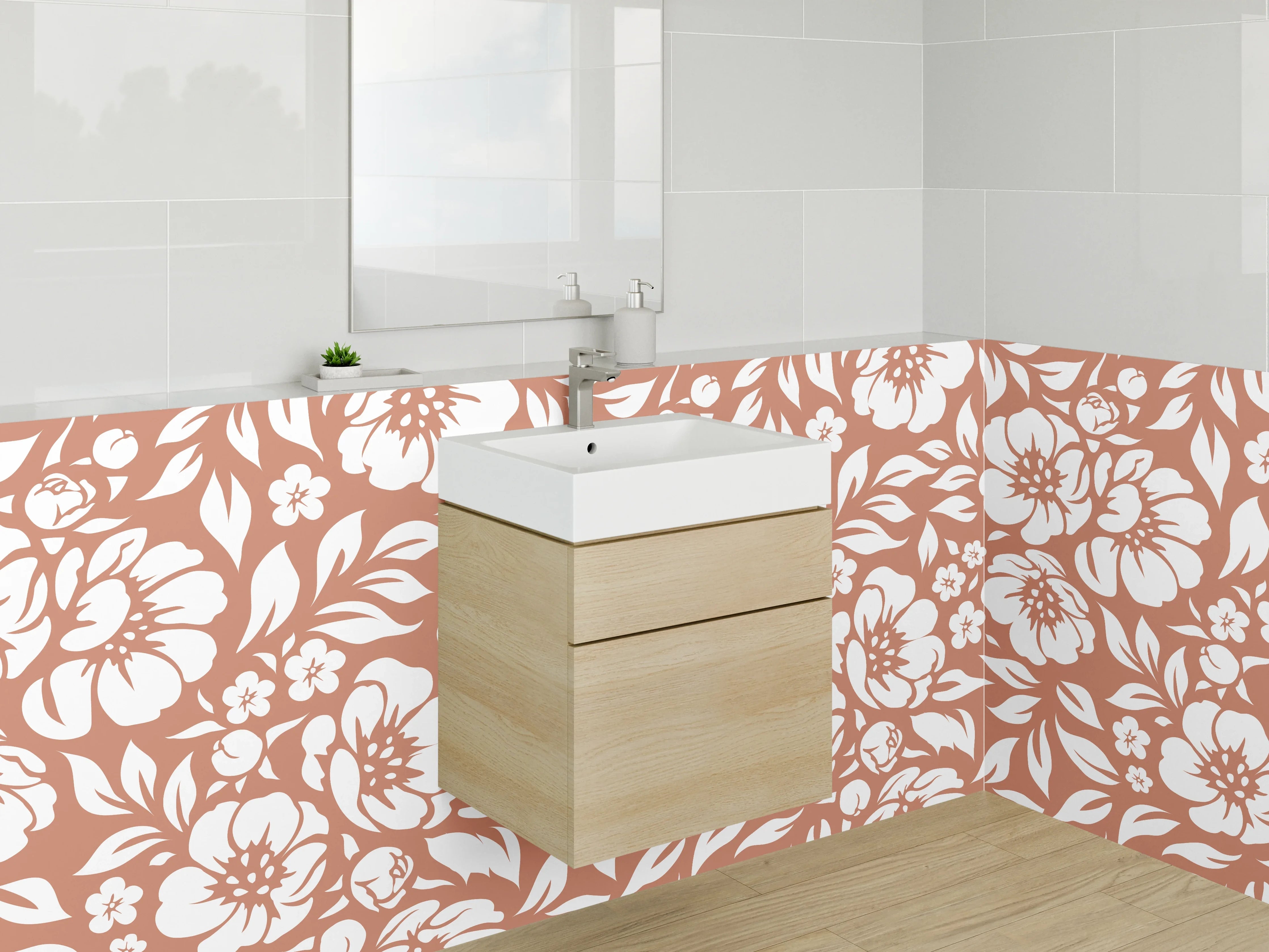Waschbecken-Rückwand - Braun-Graues Blumenmotiv auf Weiß