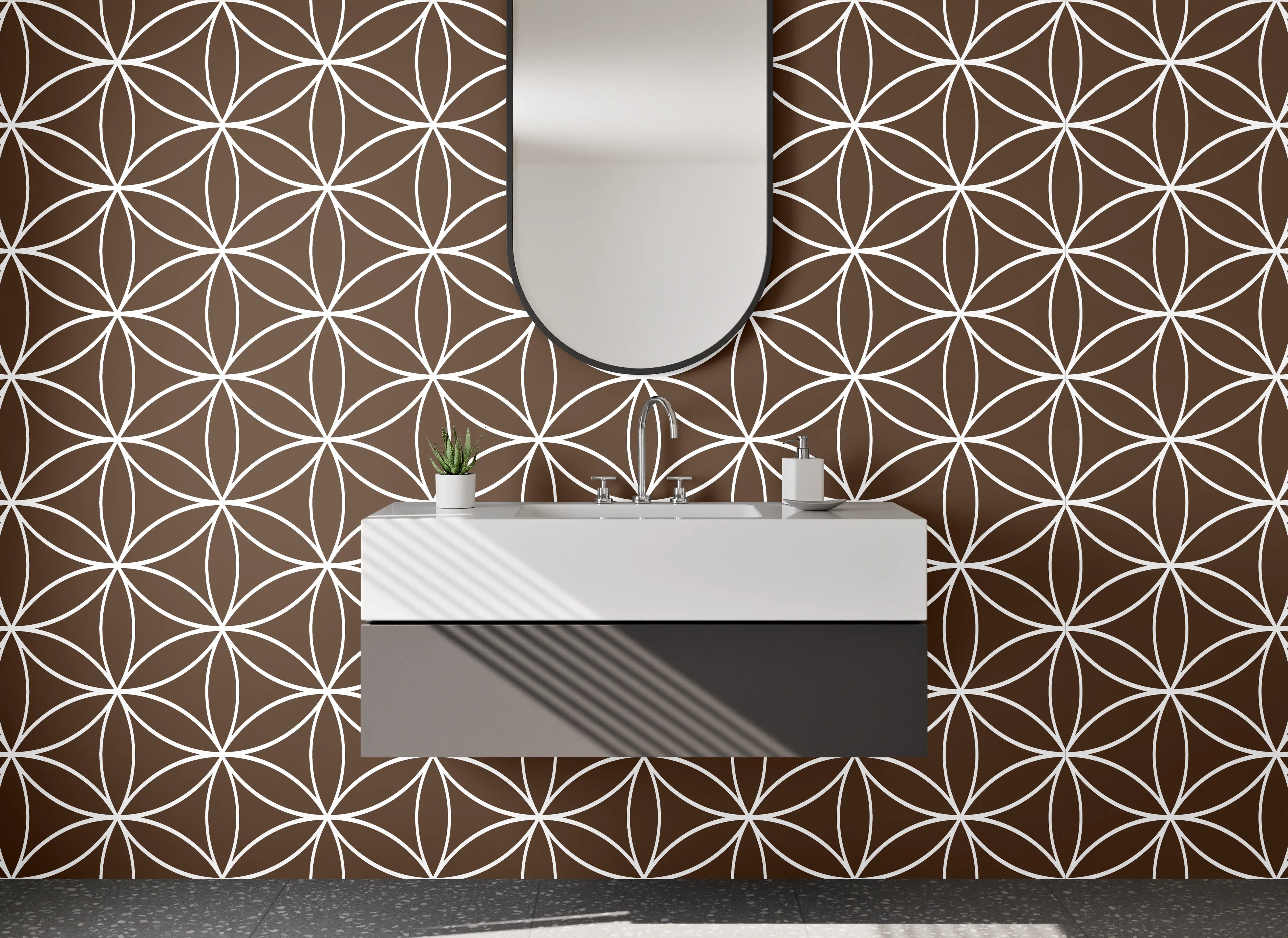 Waschbecken-Rückwand - Braun-Graues Retro-Geometrie-Design