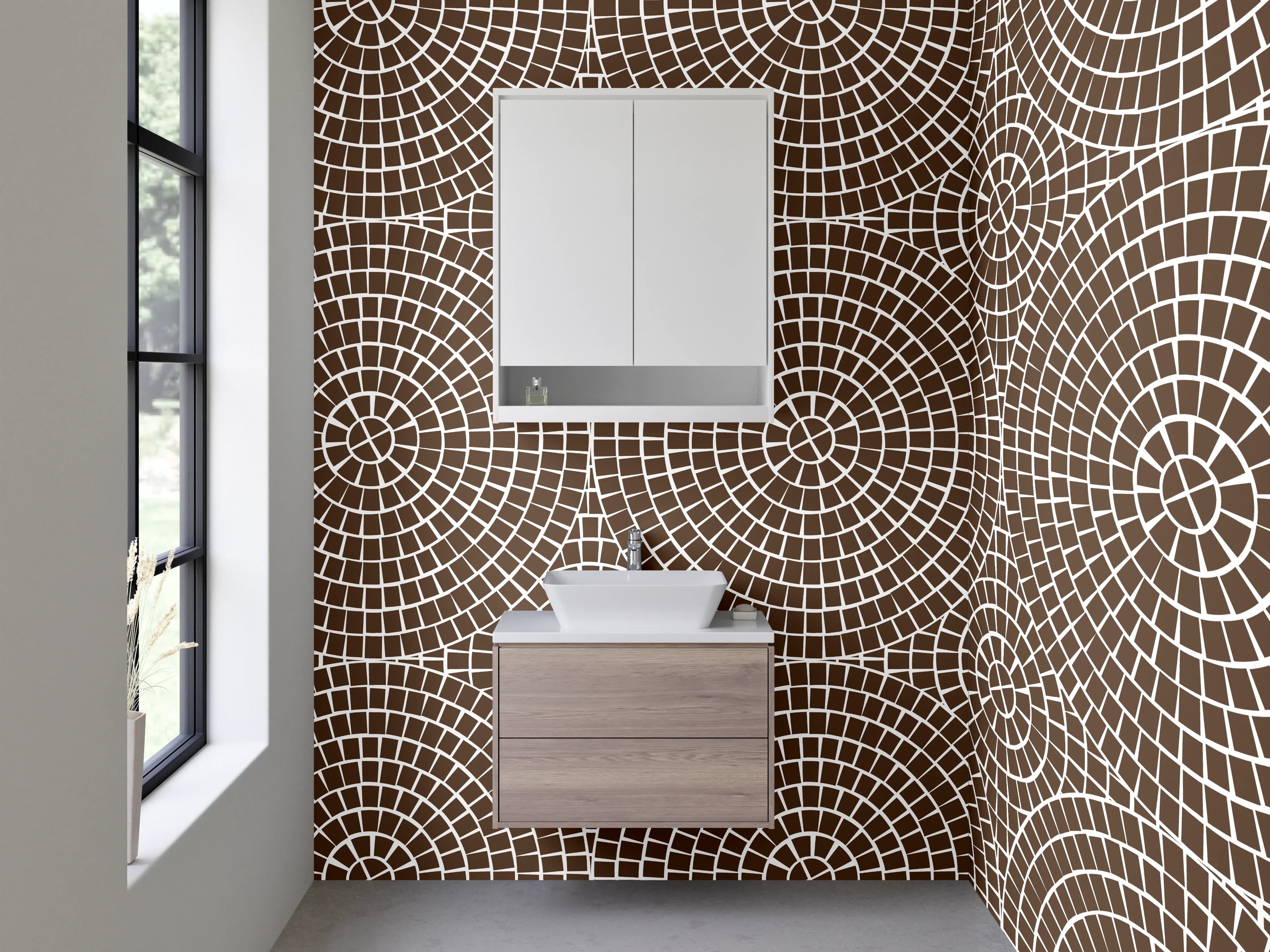 Waschbecken-Rückwand - Braun-Graues Retrodesign mit weißen Akzenten