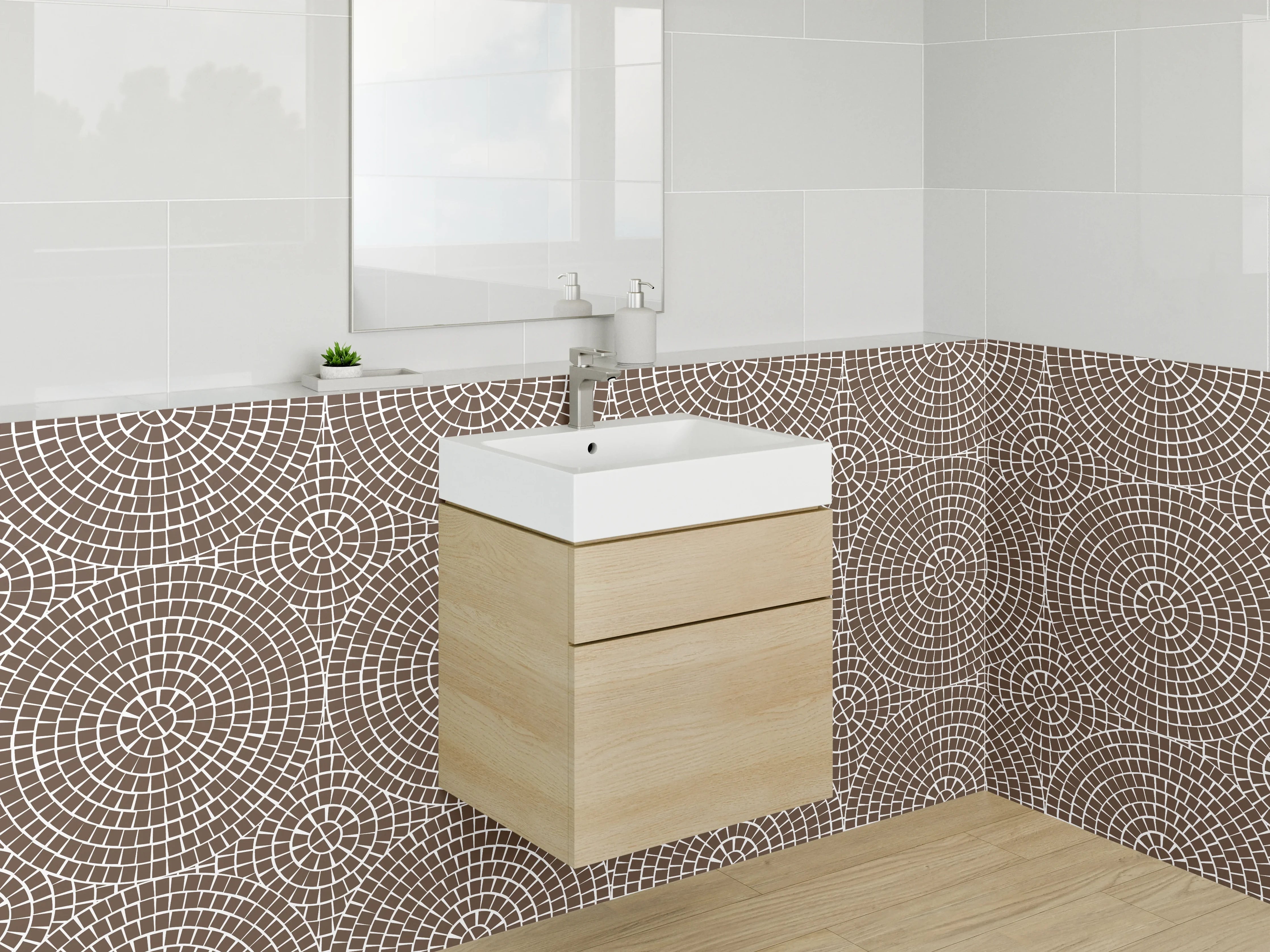 Waschbecken-Rückwand - Braun-Graues Retrodesign mit weißen Akzenten