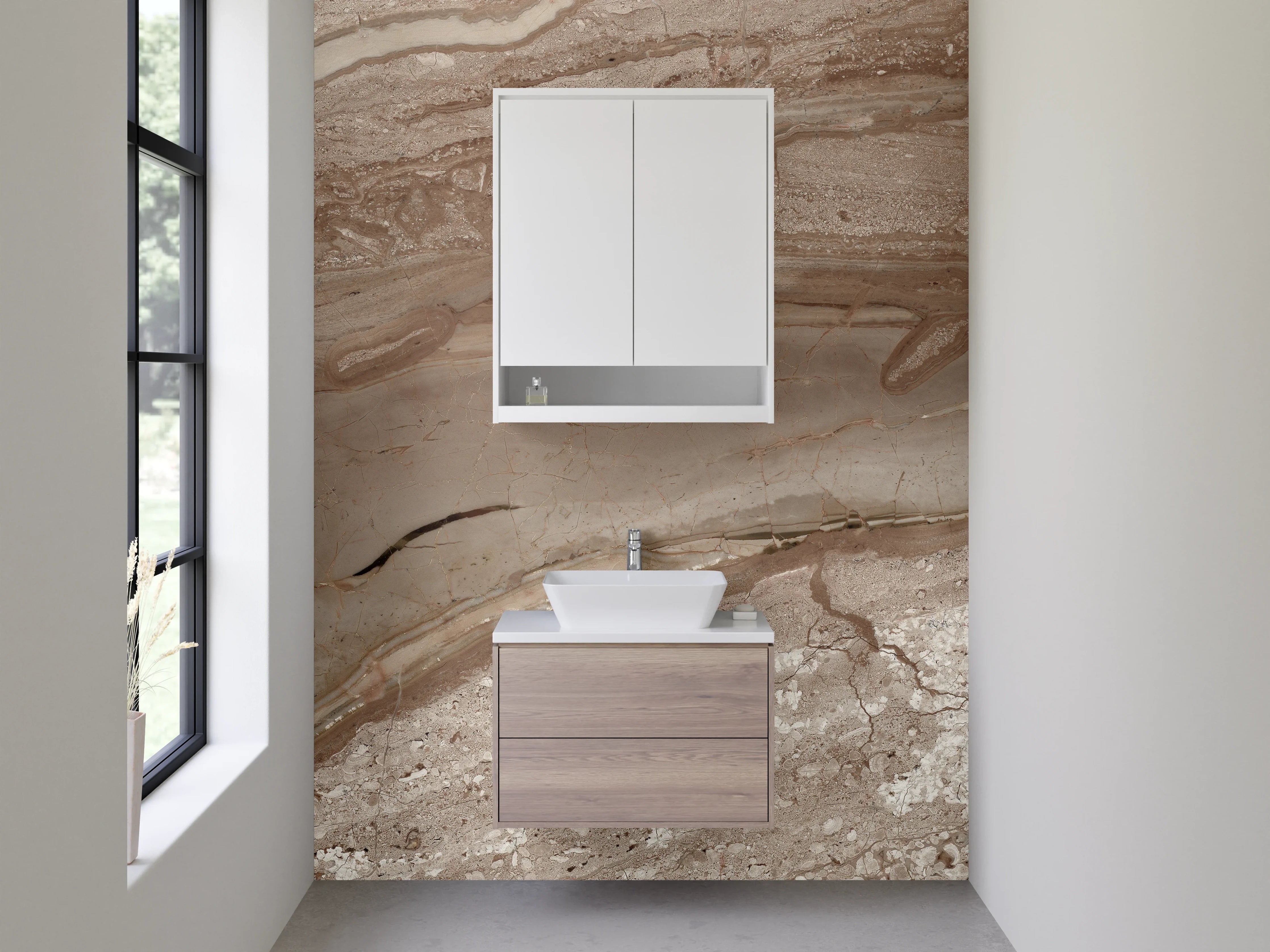 Waschbecken-Rückwand - Braun-beiger Marmor mit Naturstruktur