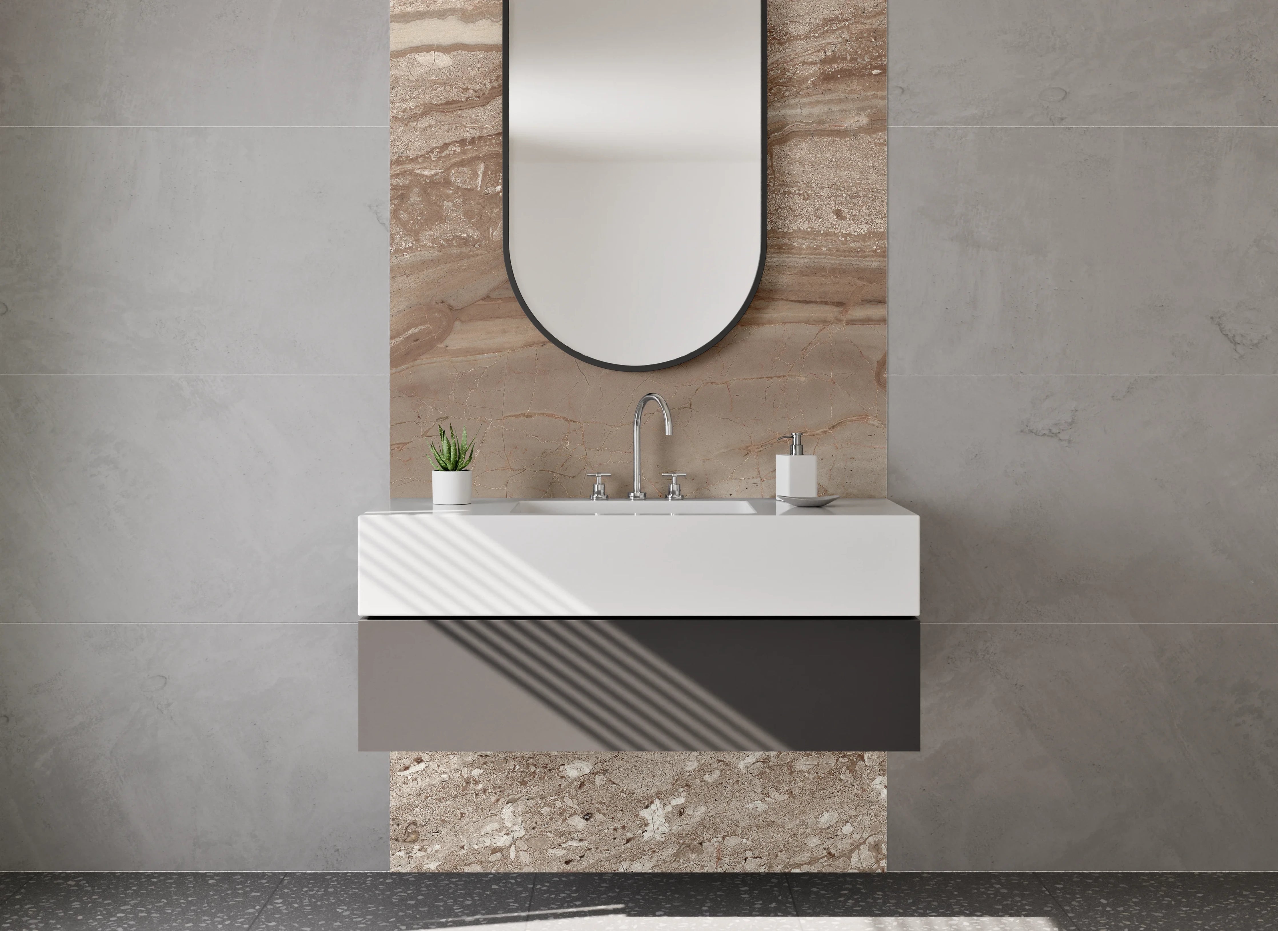 Waschbecken-Rückwand - Braun-beiger Marmor mit Naturstruktur