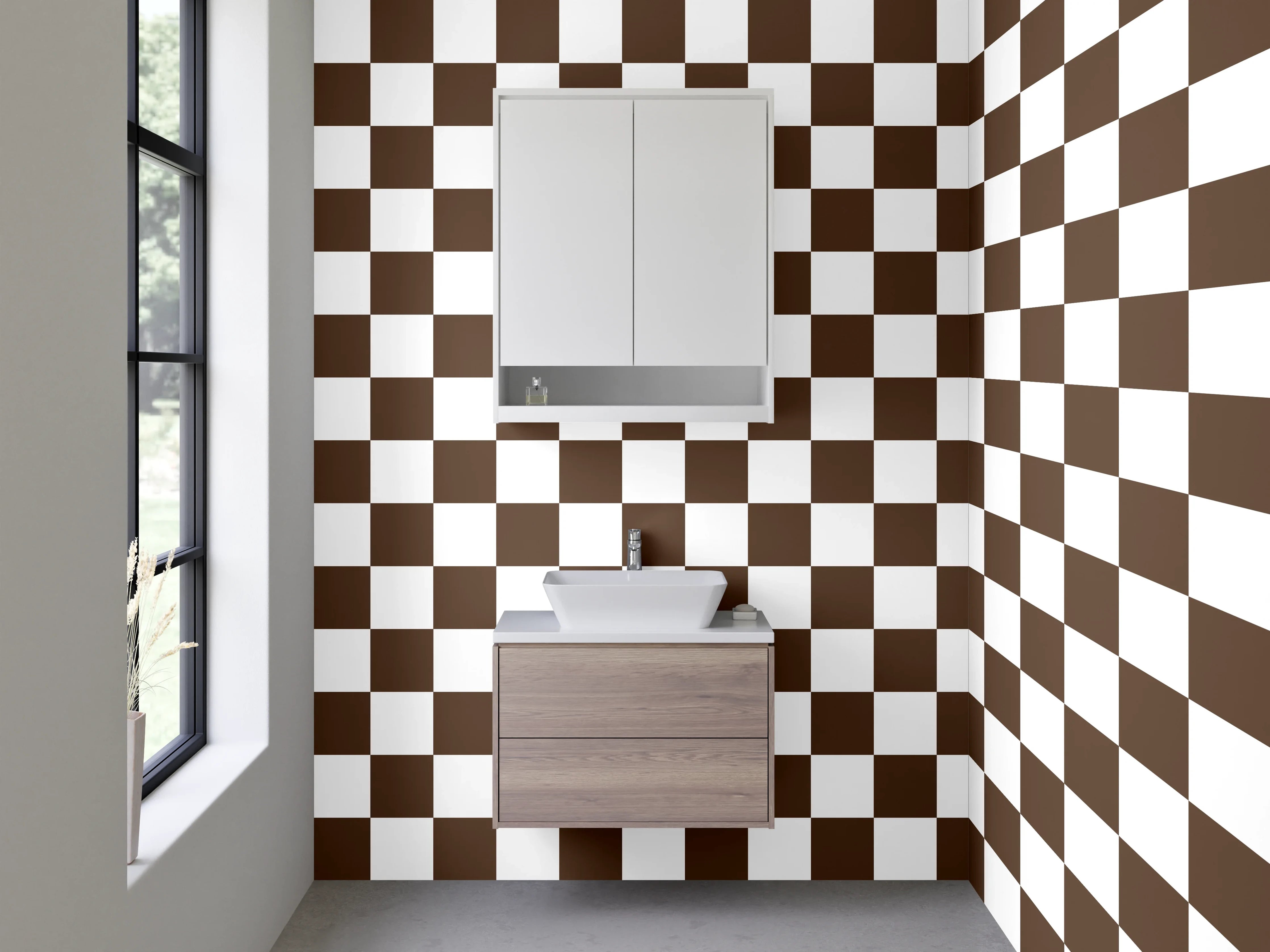 Waschbecken-Rückwand - Braun-weißes Schachbrett-Muster modern