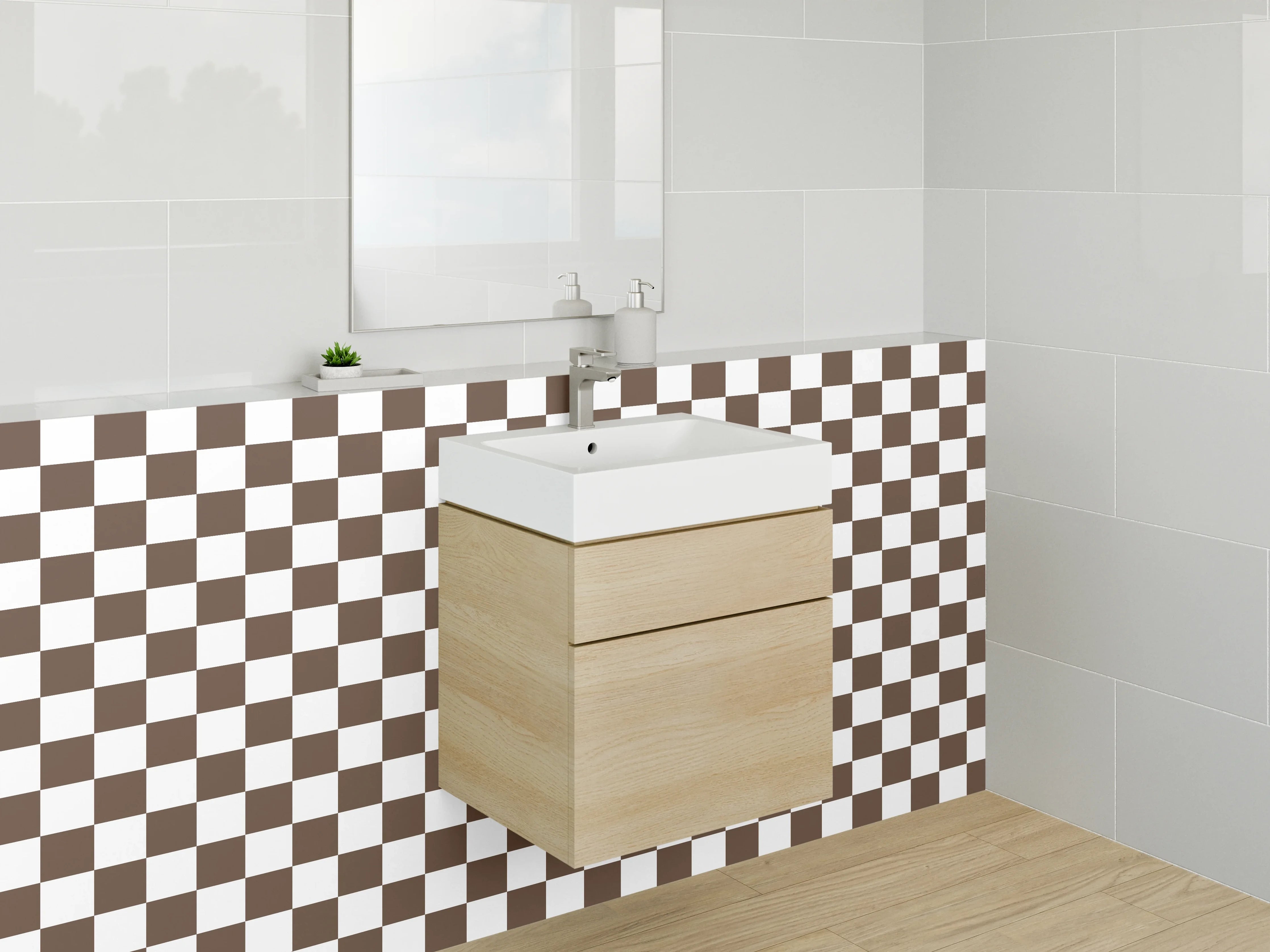 Waschbecken-Rückwand - Braun-weißes Schachbrett-Muster modern