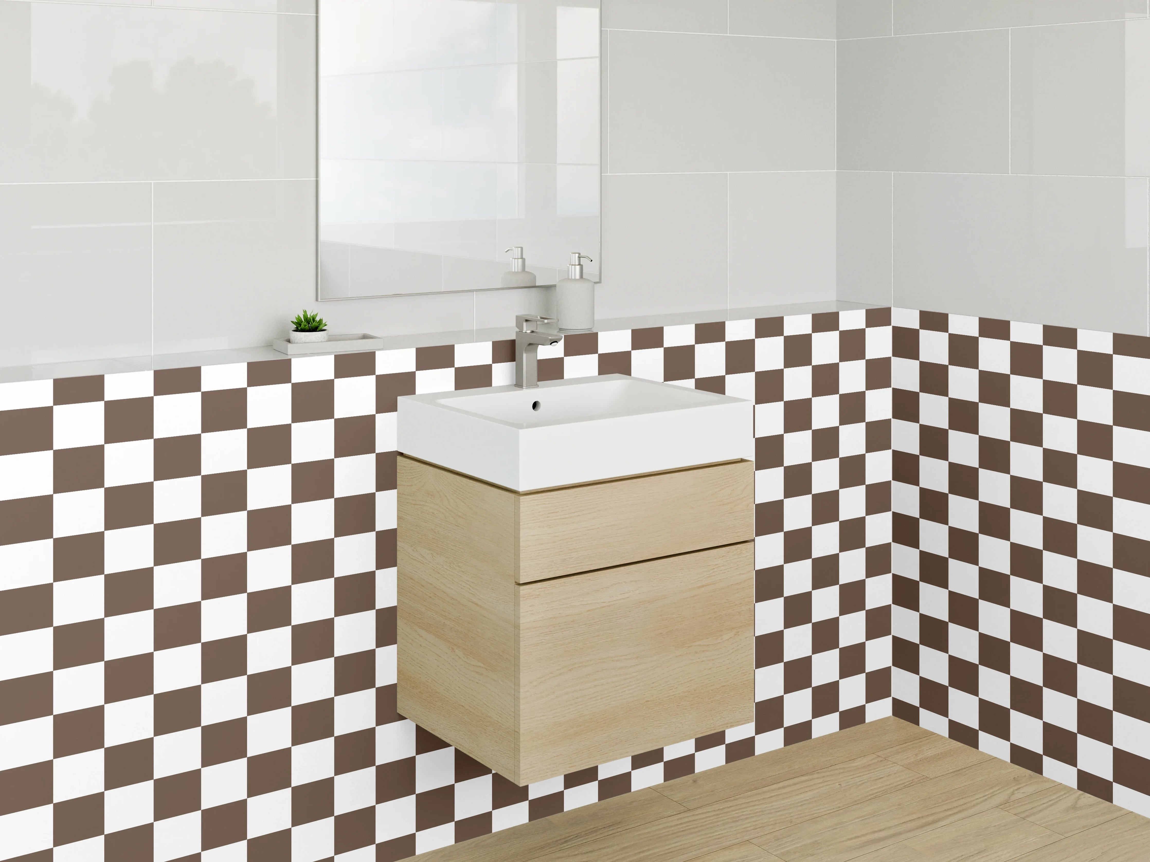 Waschbecken-Rückwand - Braun-weißes Schachbrett-Muster modern