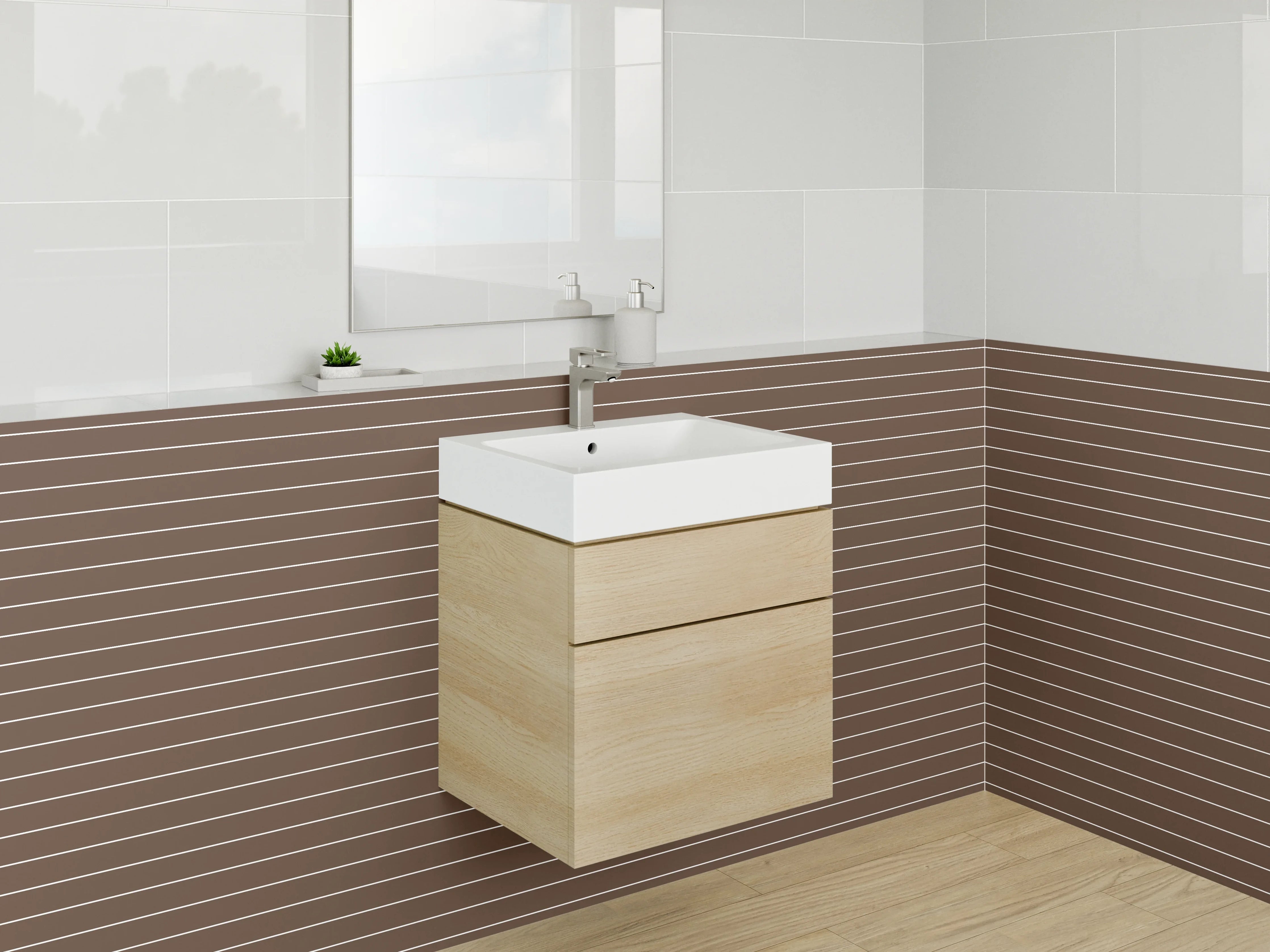 Waschbecken-Rückwand - Braune Holzlamellen mit weißen Linien