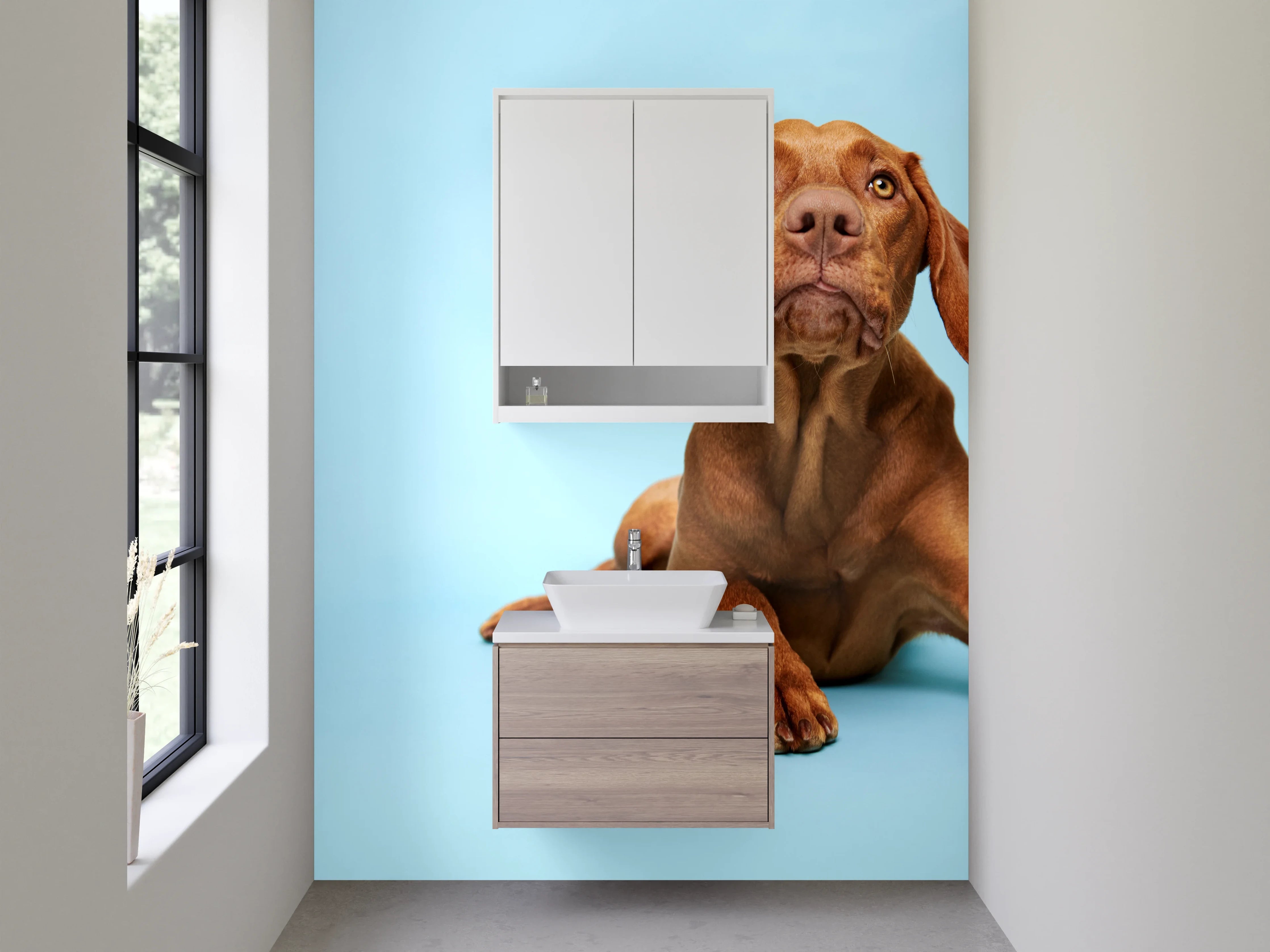 Waschbecken-Rückwand - Brauner Hund auf Blau – Tiermotiv