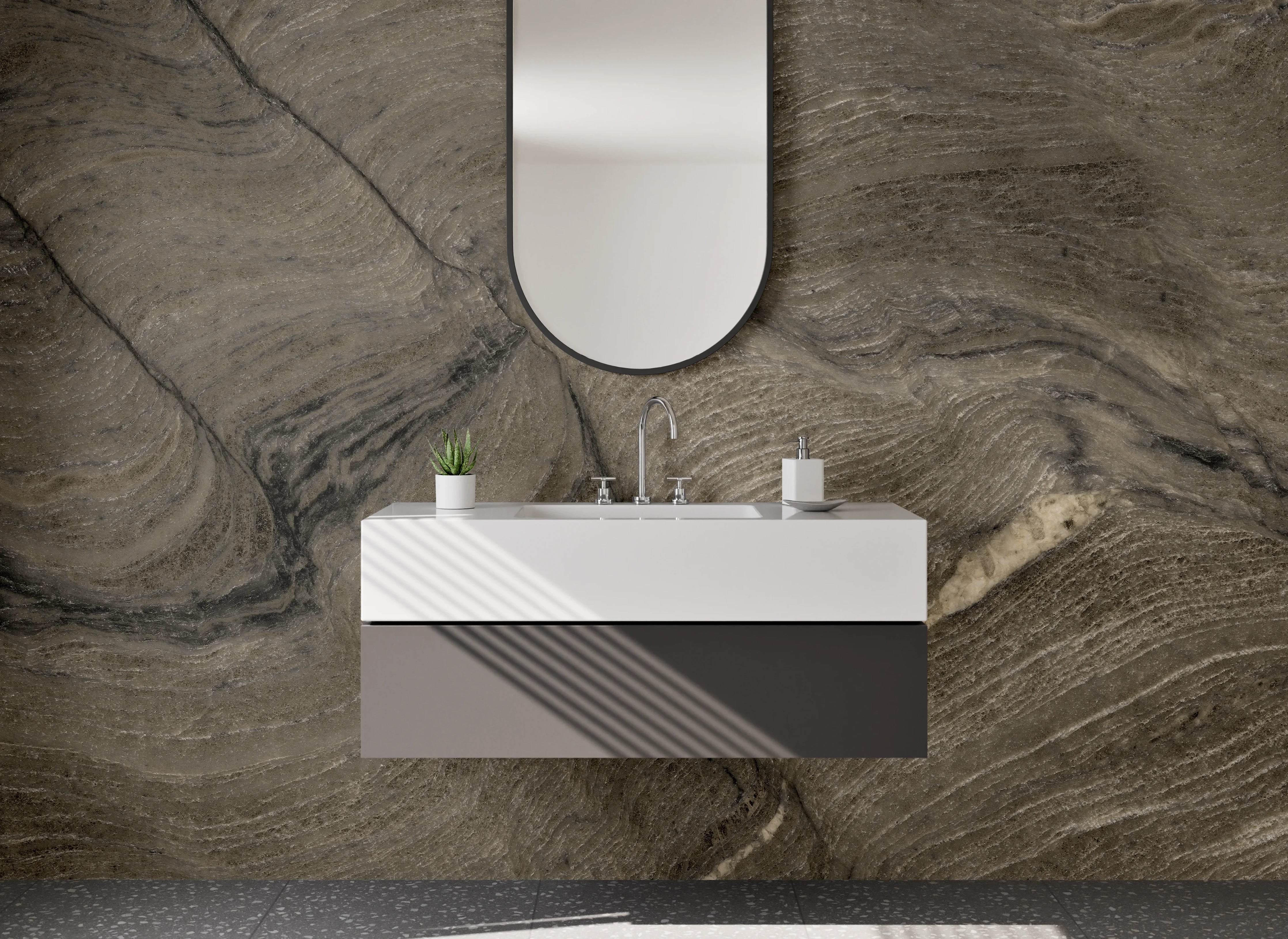 Waschbecken-Rückwand - Brauner Marmor mit Fließstruktur