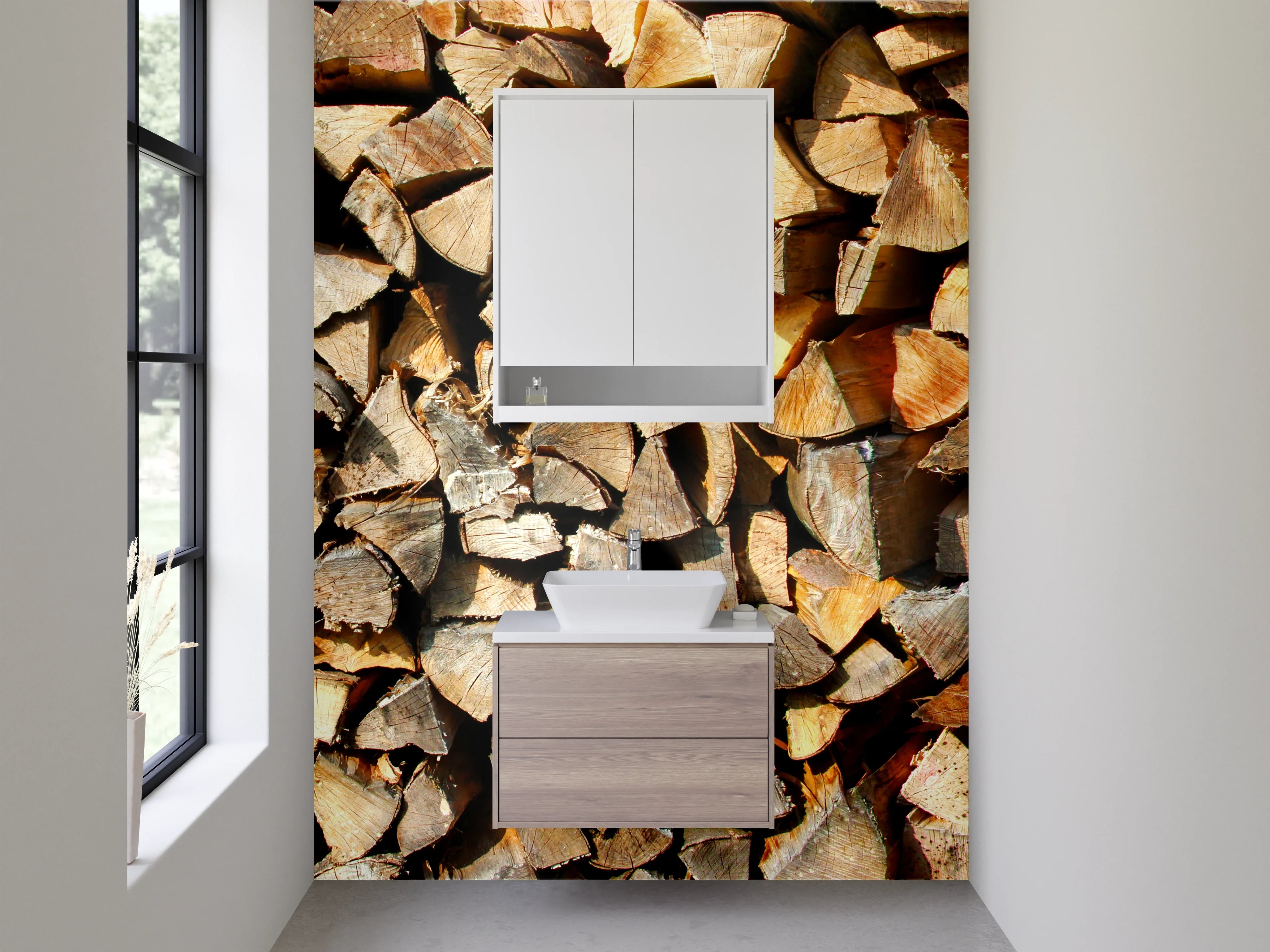 Waschbecken-Rückwand - Brennholz Natur Wanddekor