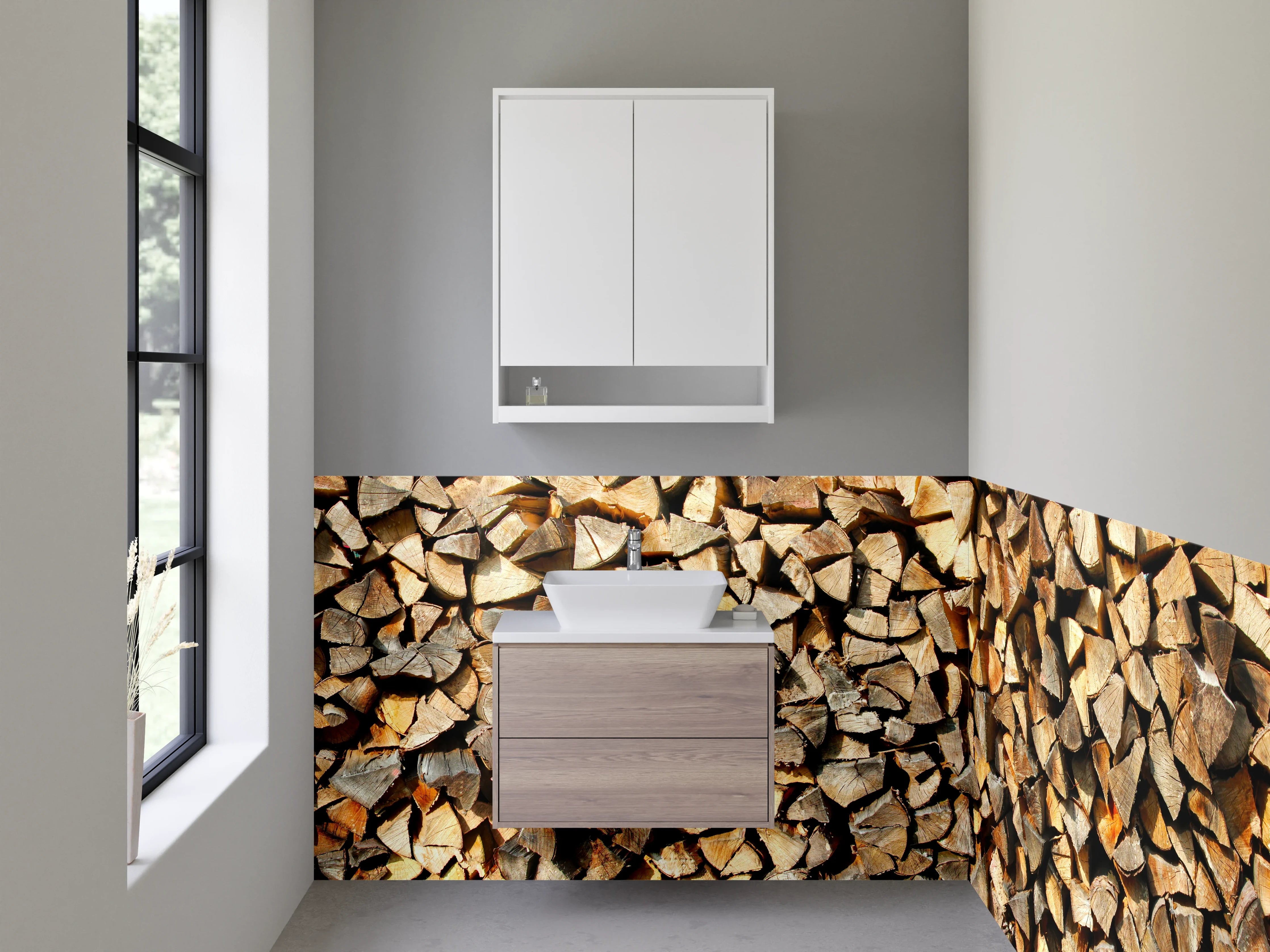 Waschbecken-Rückwand - Brennholz Natur Wanddekor