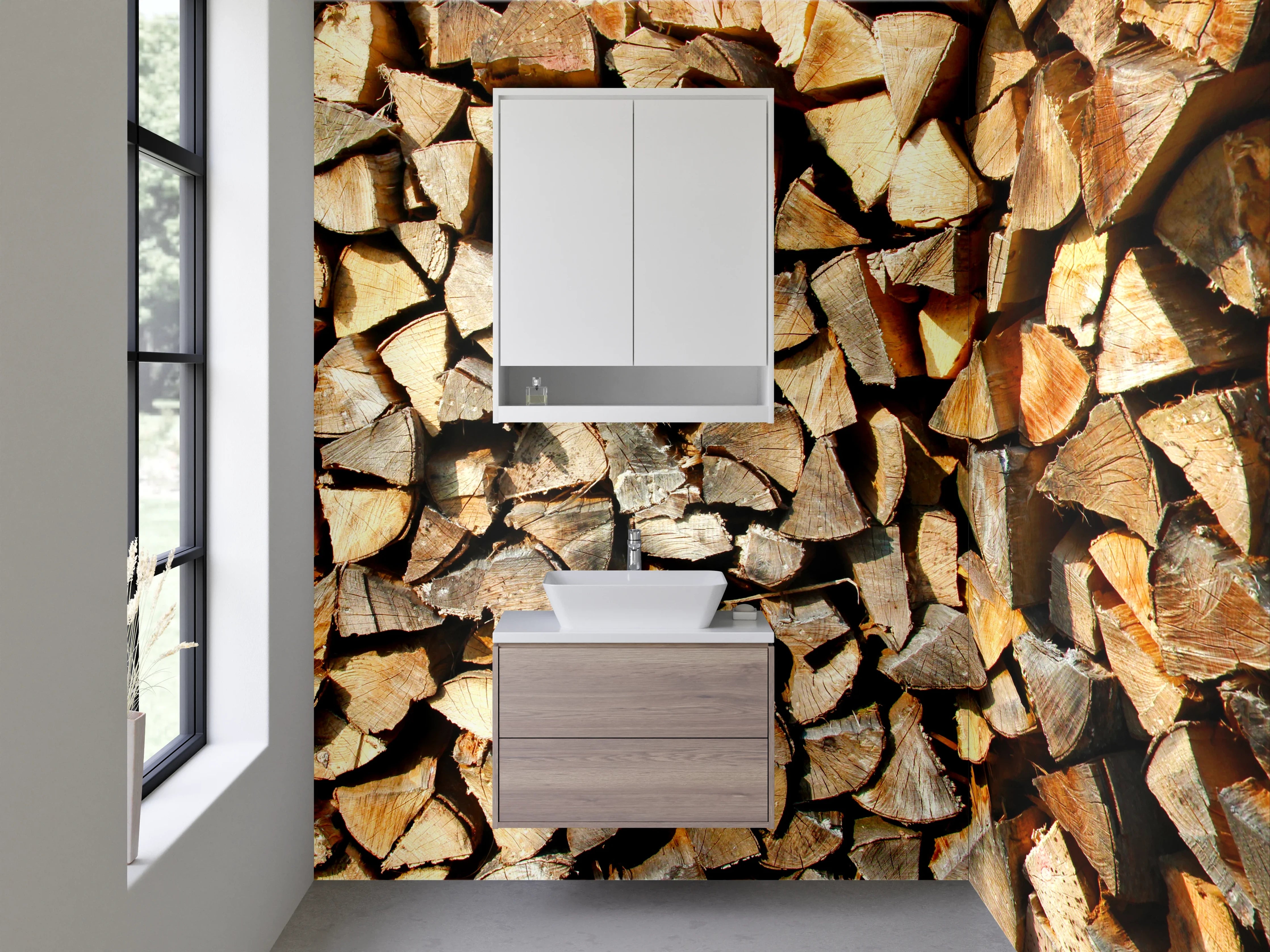 Waschbecken-Rückwand - Brennholz Natur Wanddekor