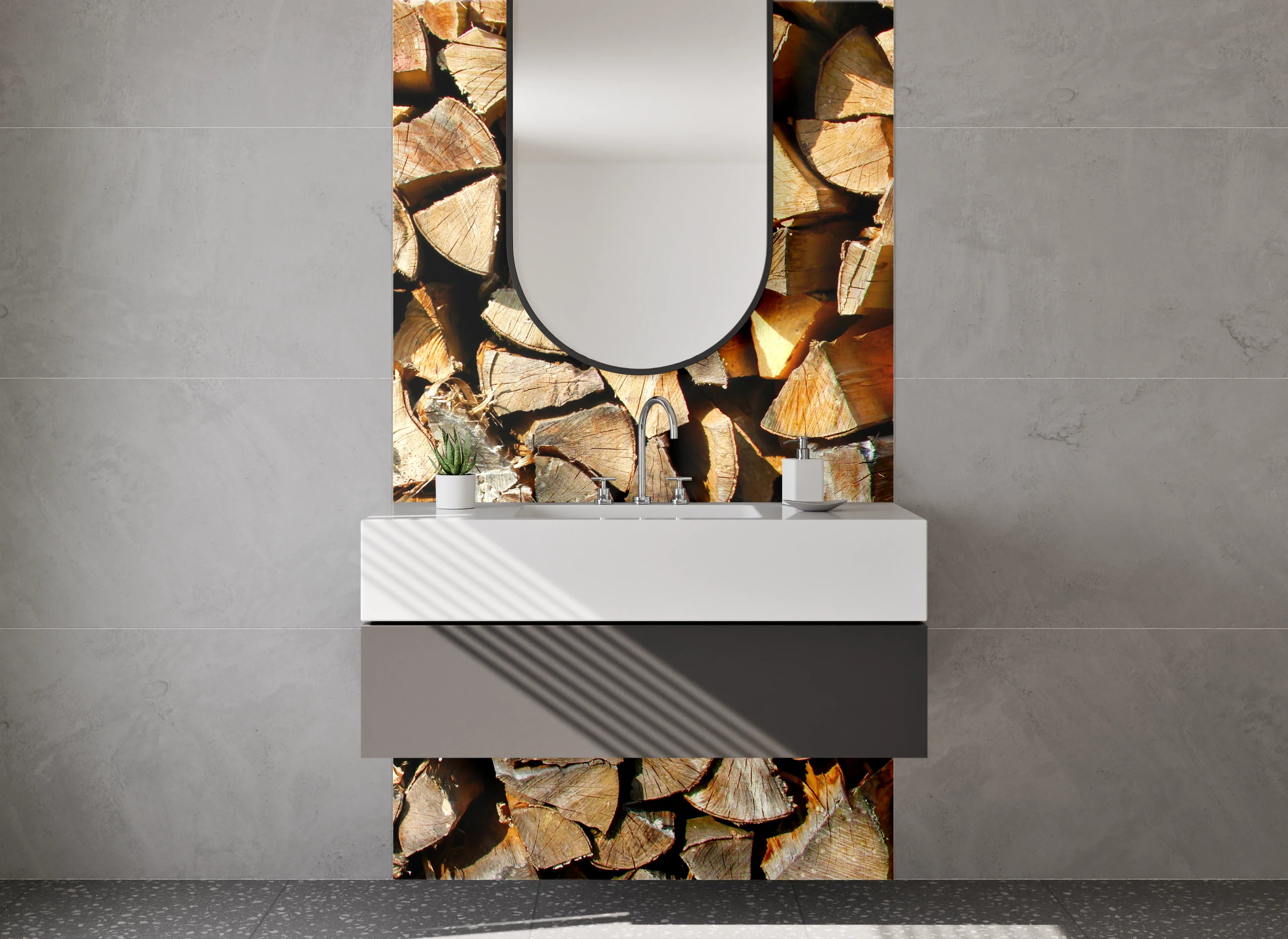 Waschbecken-Rückwand - Brennholz Natur Wanddekor