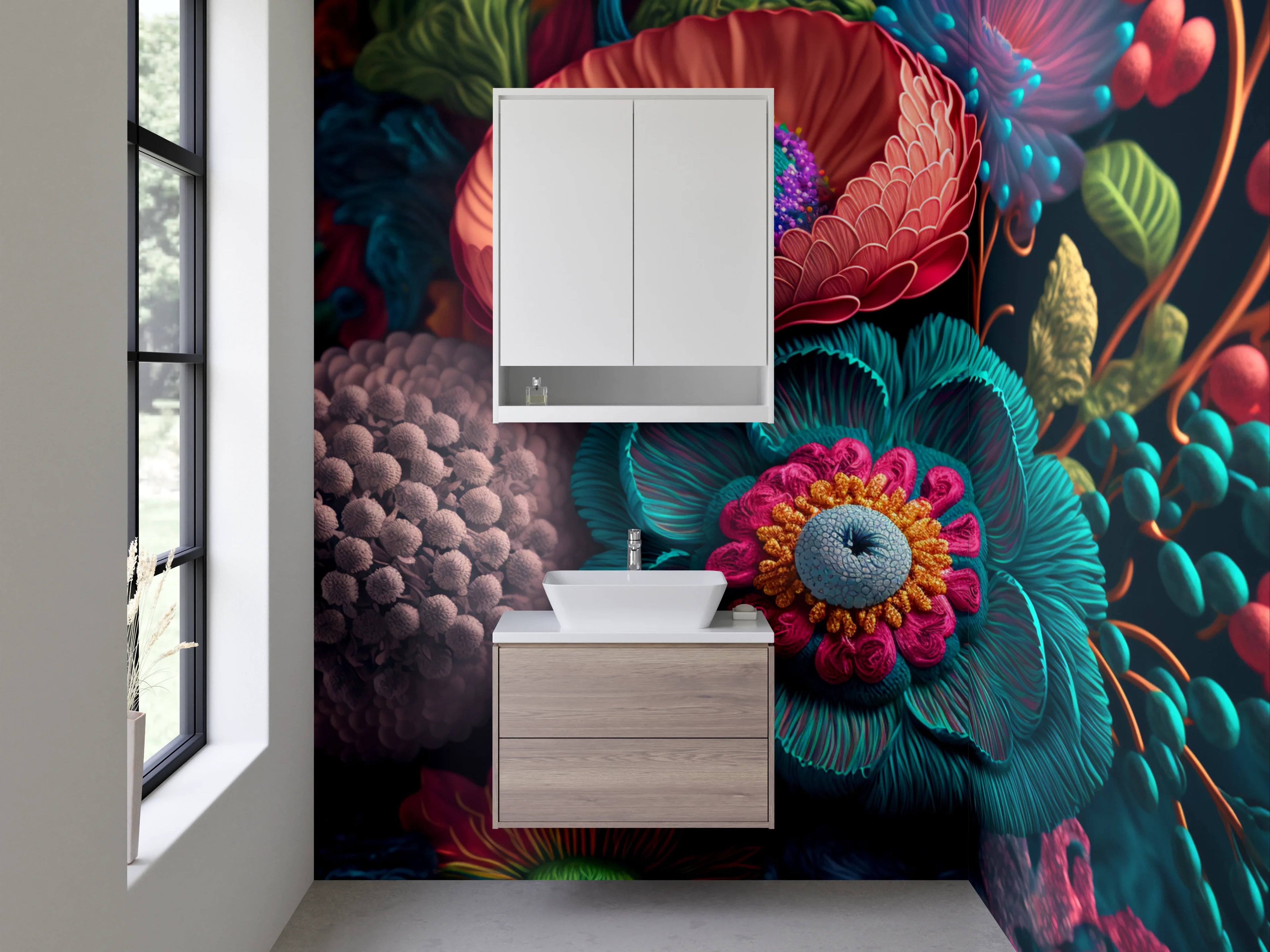 Waschbecken-Rückwand - Bunte 3D-Blumen Illustration Tropisch